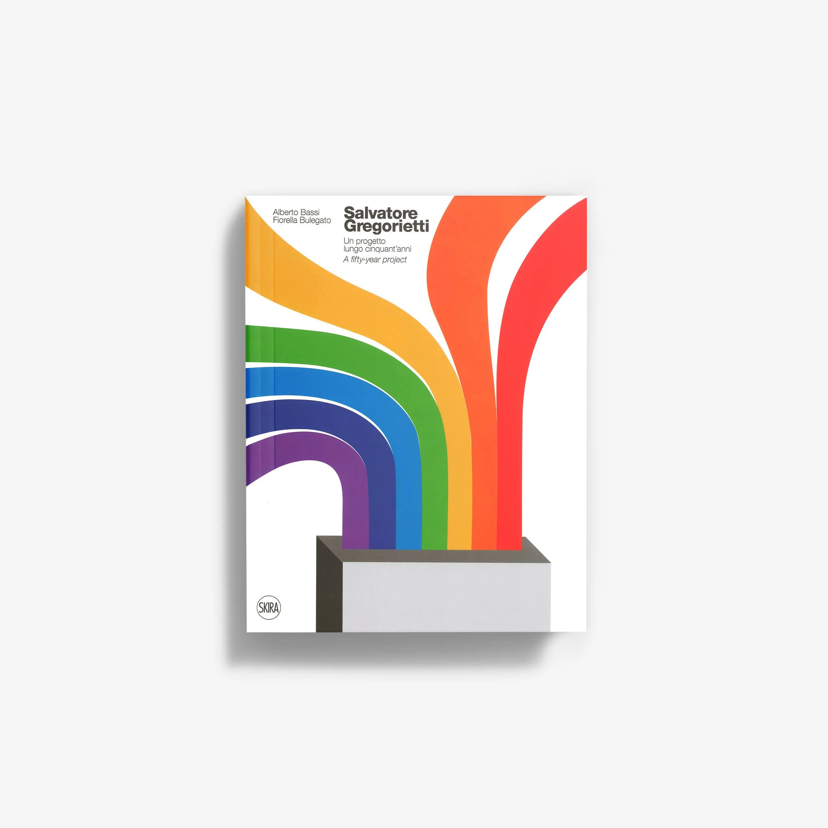 Abstract art book cover with multicolor ribbon-like shapes and red vertical curve