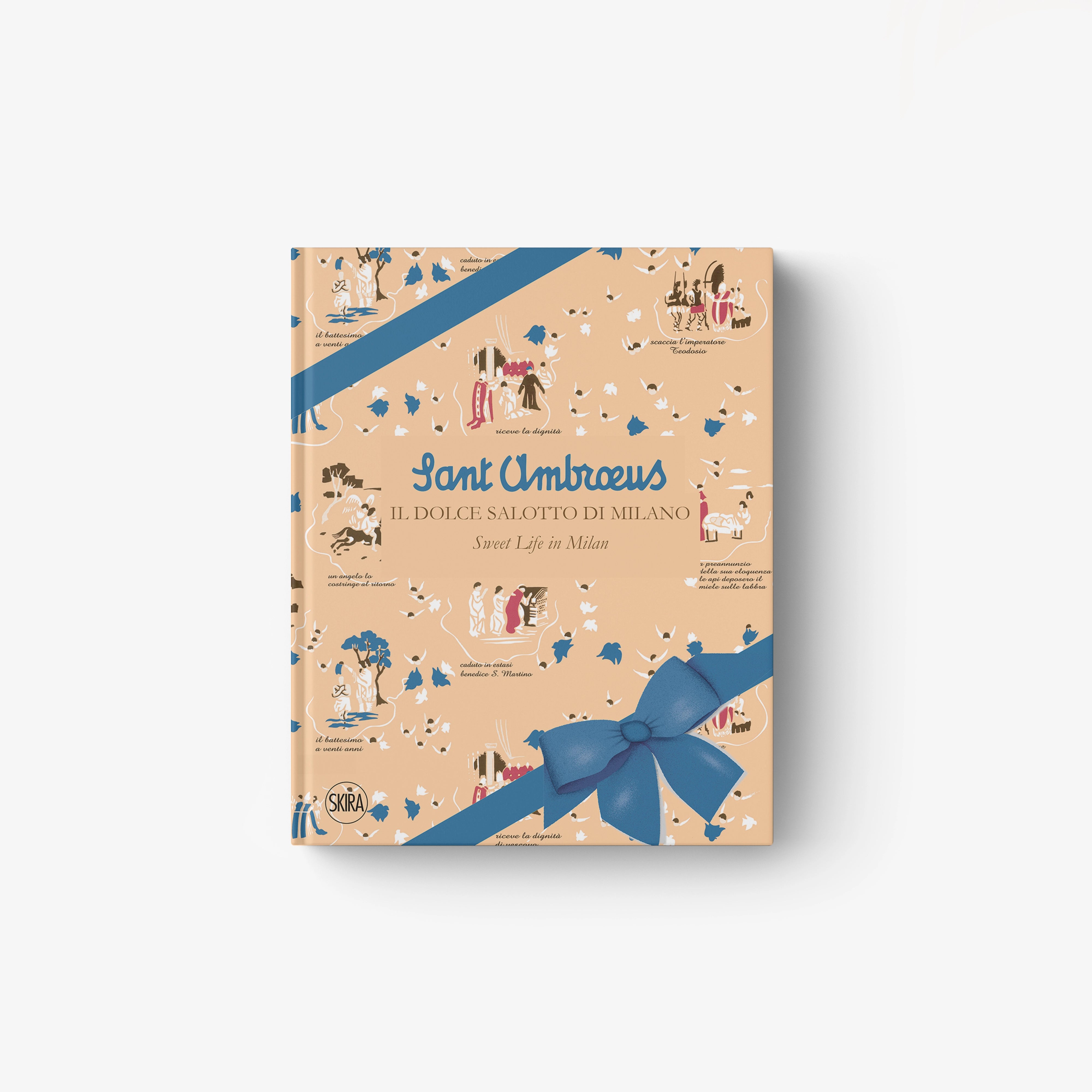Illustrated book with beige cover, blue ribbon detail, and small character illustrations