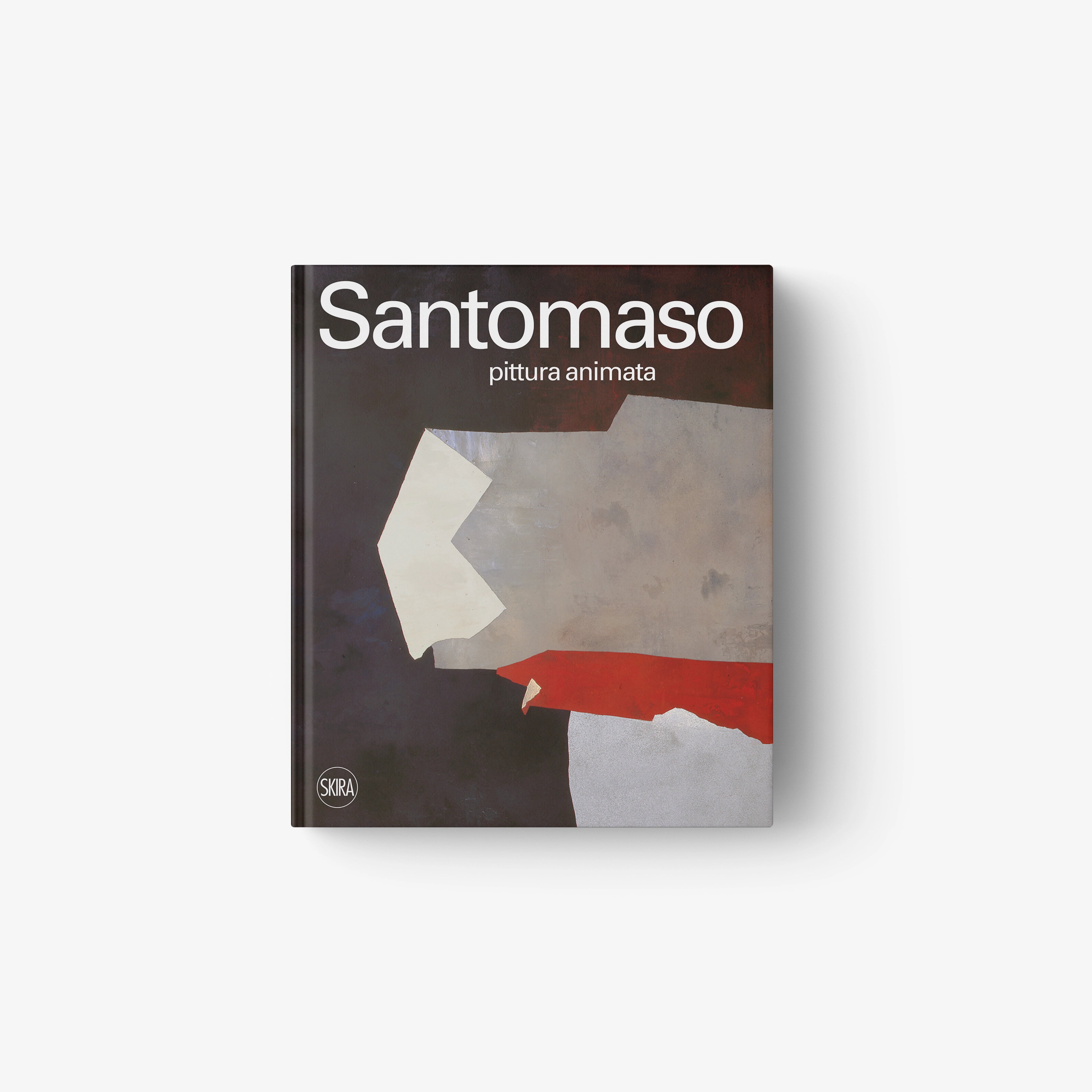 Abstract artwork book cover with geometric shapes in beige, red, gray, and black, titled Santomaso pittura animata.