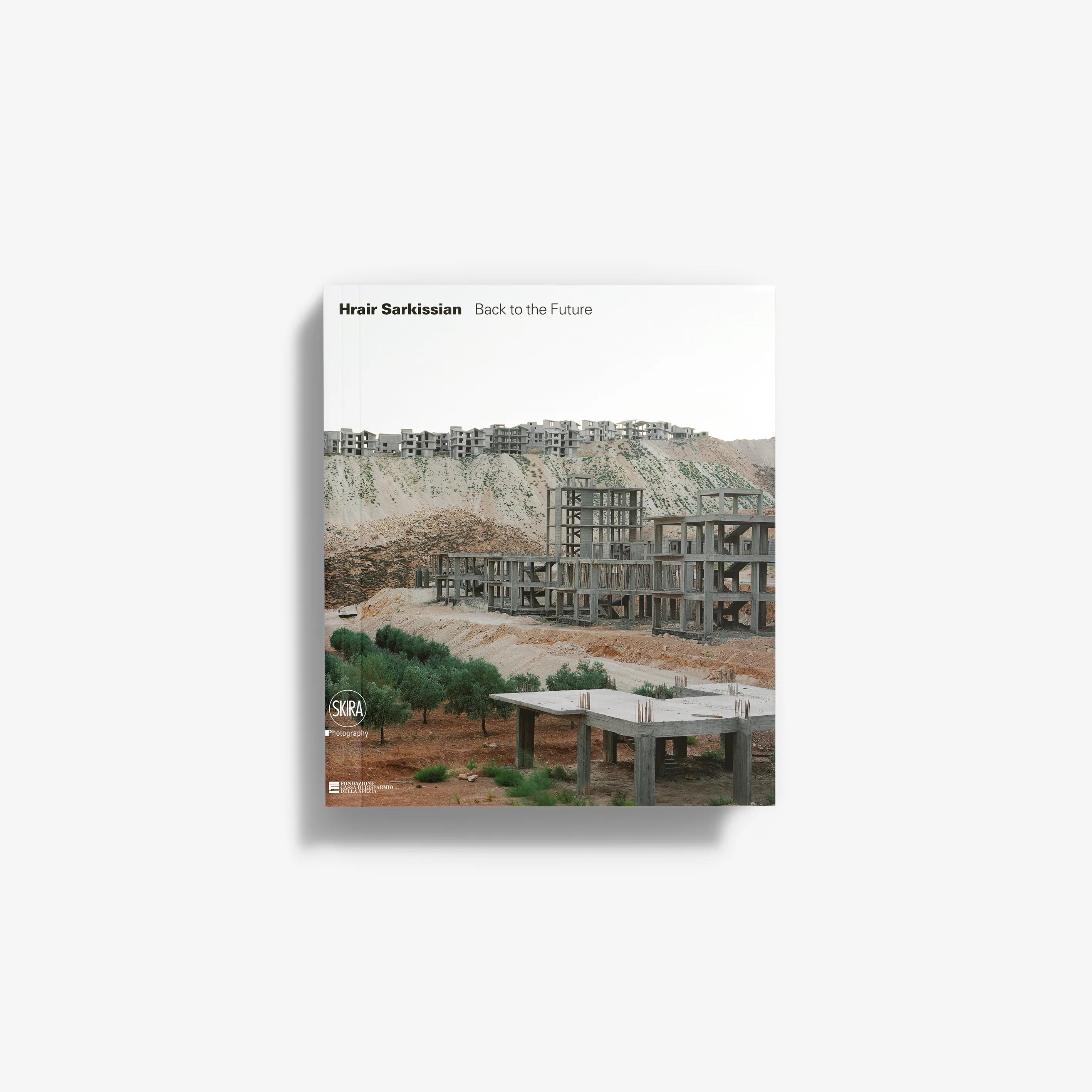 Square art print featuring a cityscape with construction scaffolding and riverbank