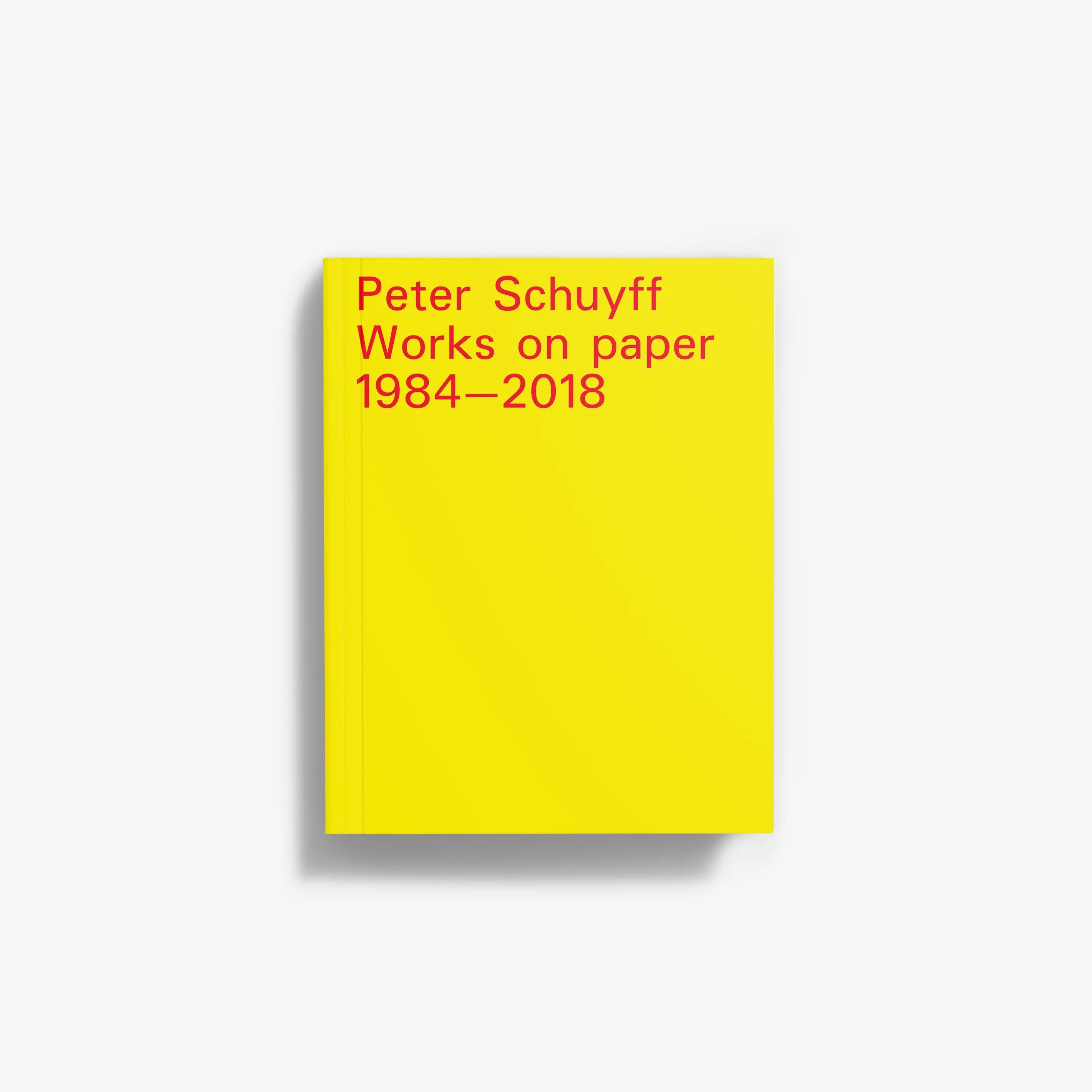 Yellow art book with red title 'Works on paper 1984-2018' on cover