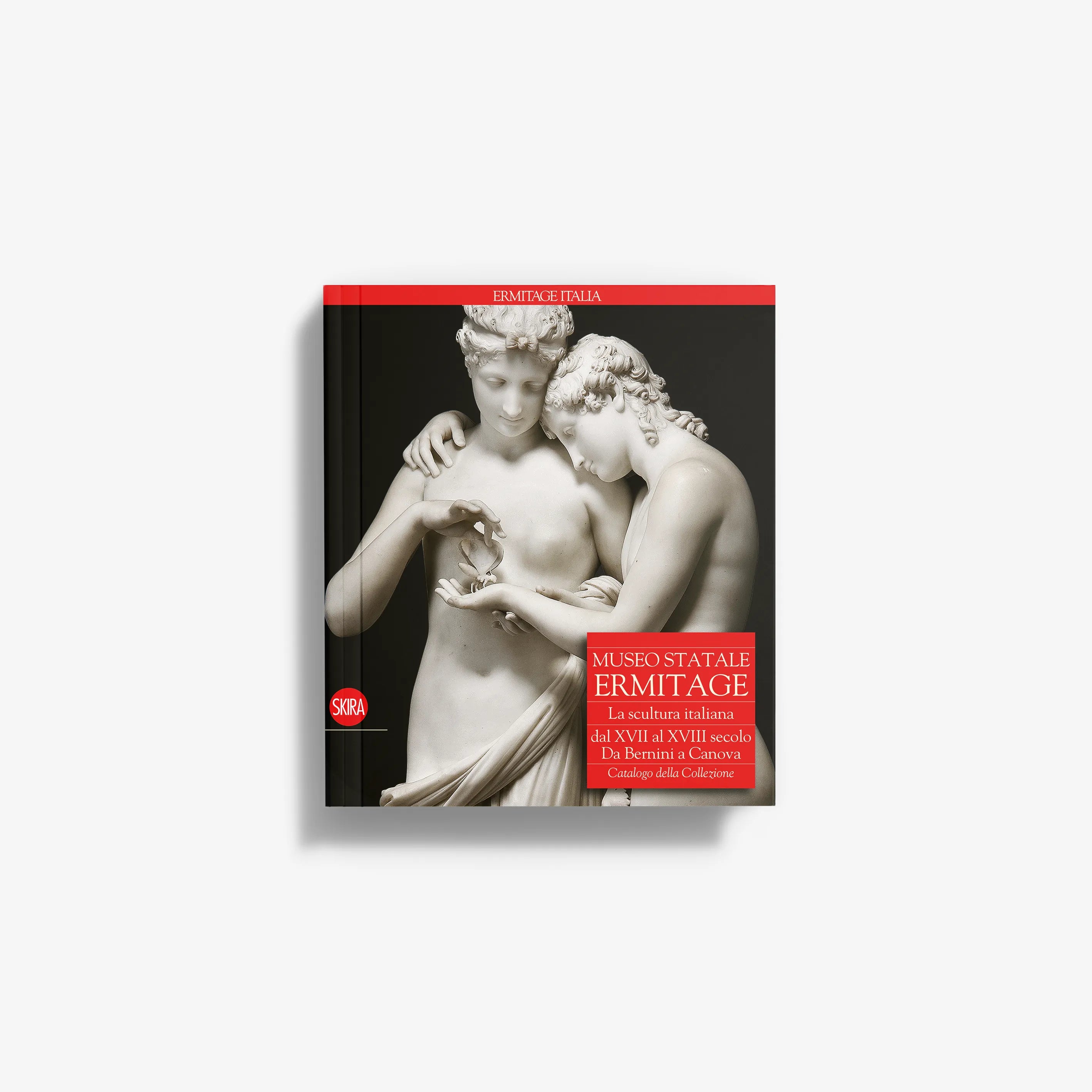 Italian sculpture art book with classical statue cover, red and black typography