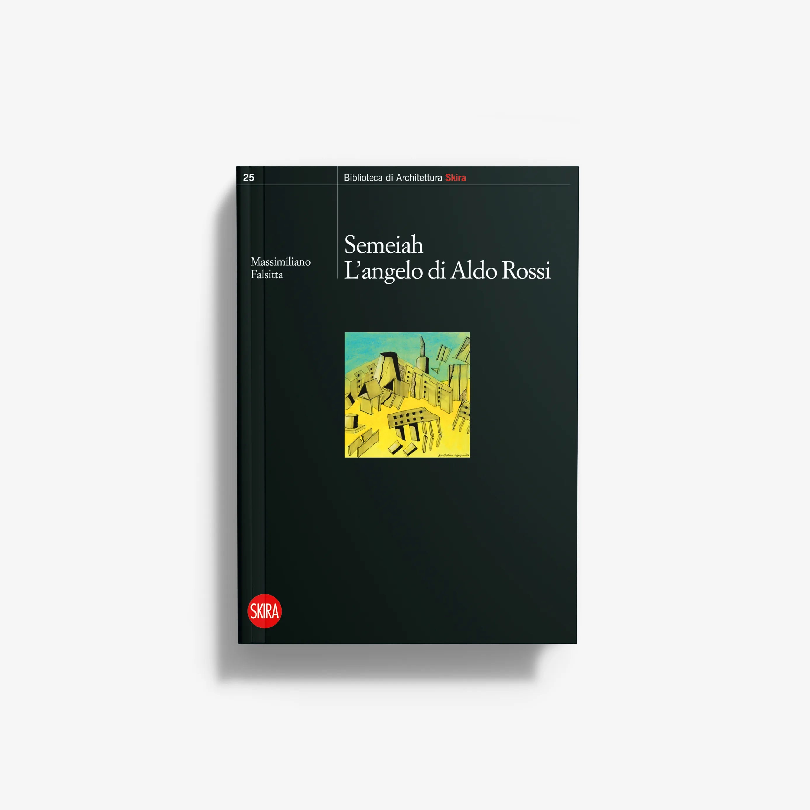Architecture book with dark green cover and yellow aerial building illustration