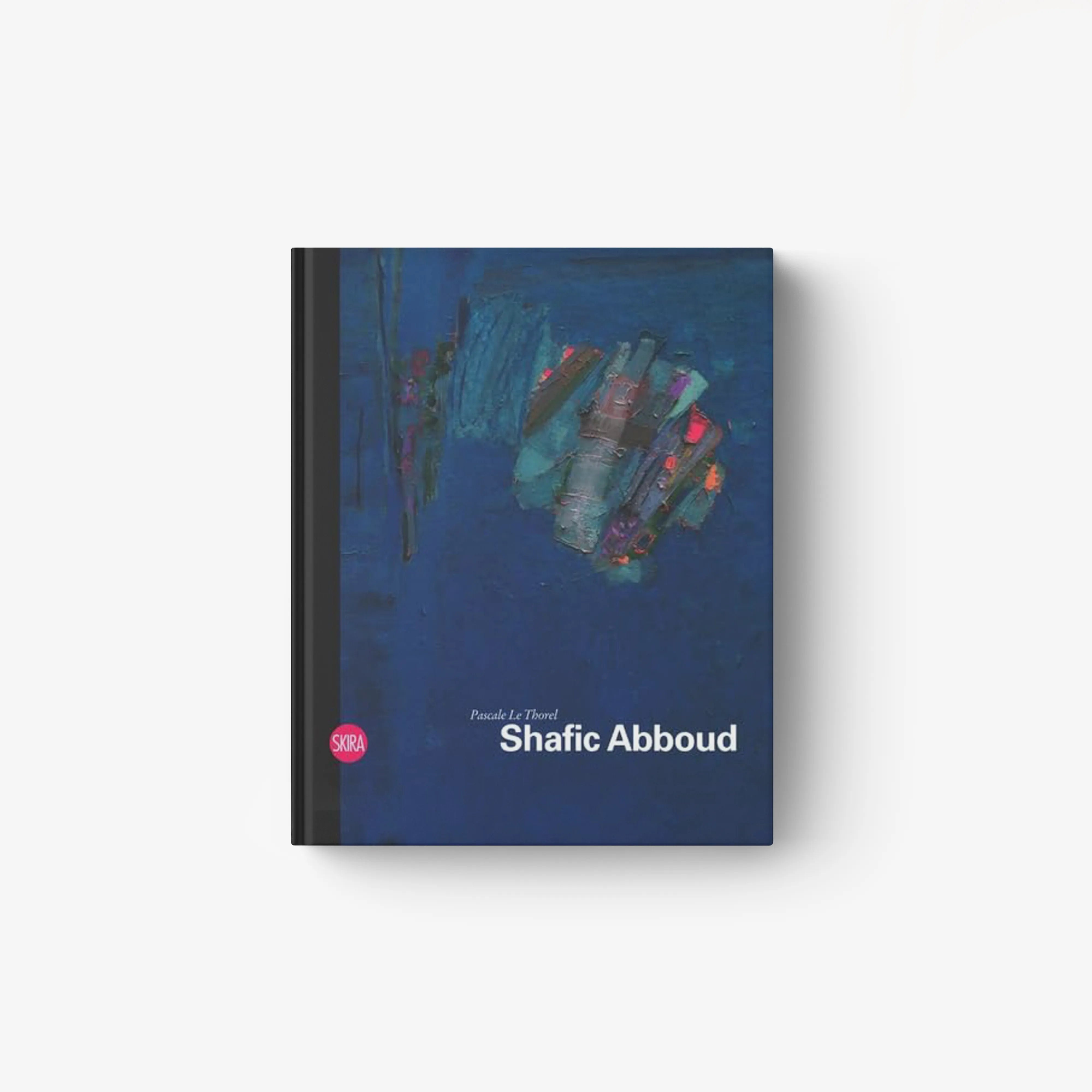 Blue hardcover book with abstract cover art and white title 'Shafic Abboud'