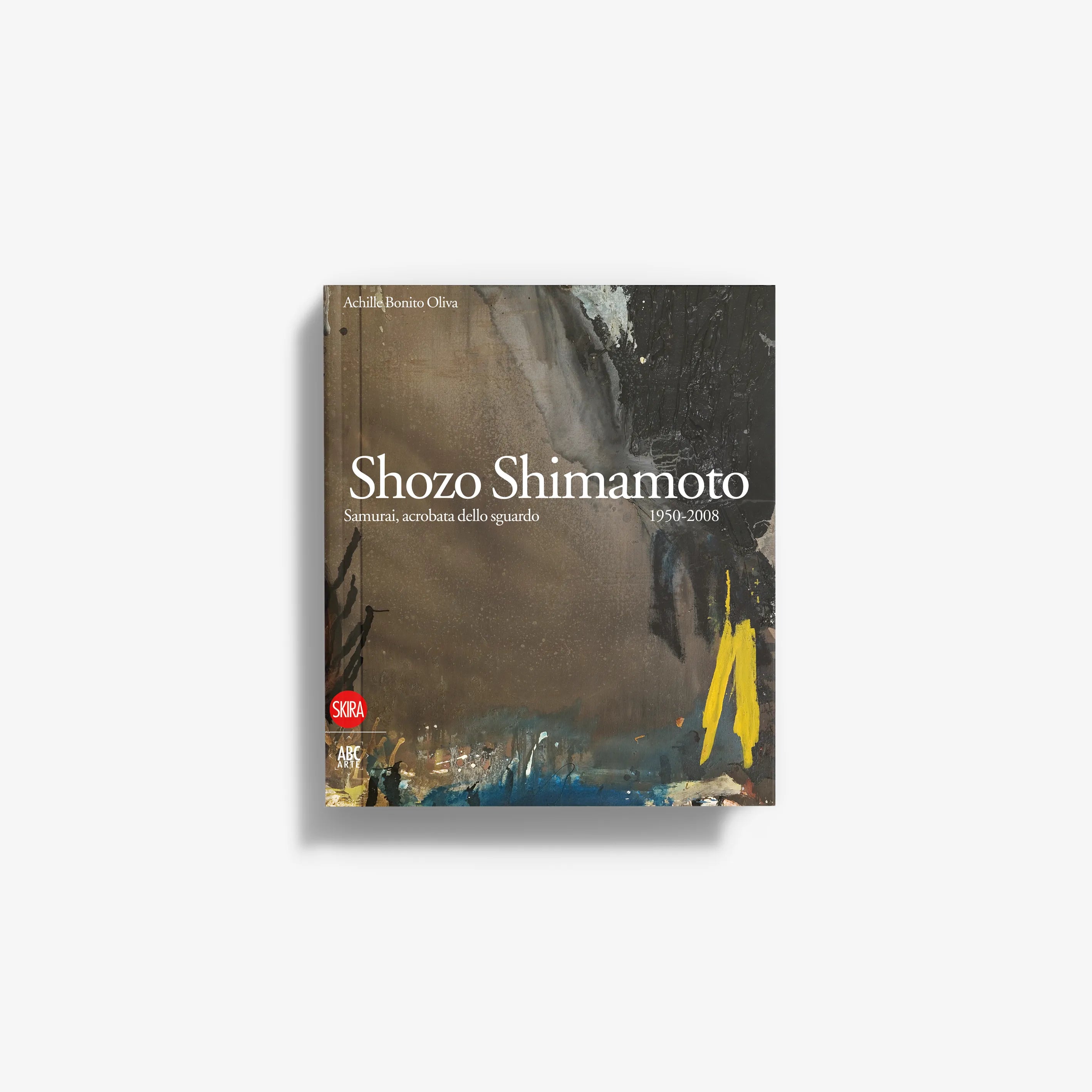 Art book cover with dark abstract scene and yellow figure; title Shozo Shimamoto