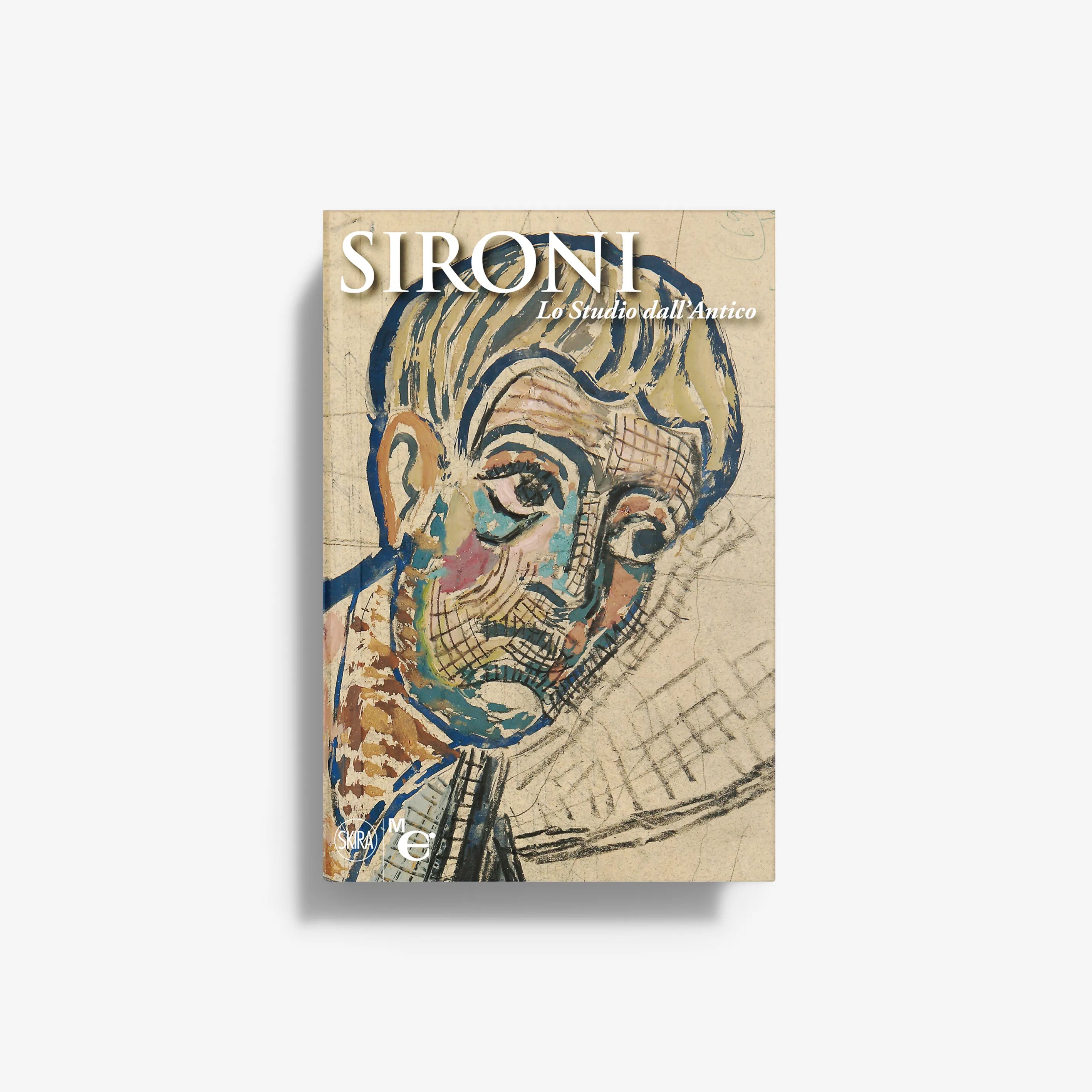 Art book cover with illustrated portrait face in blue and beige with title text