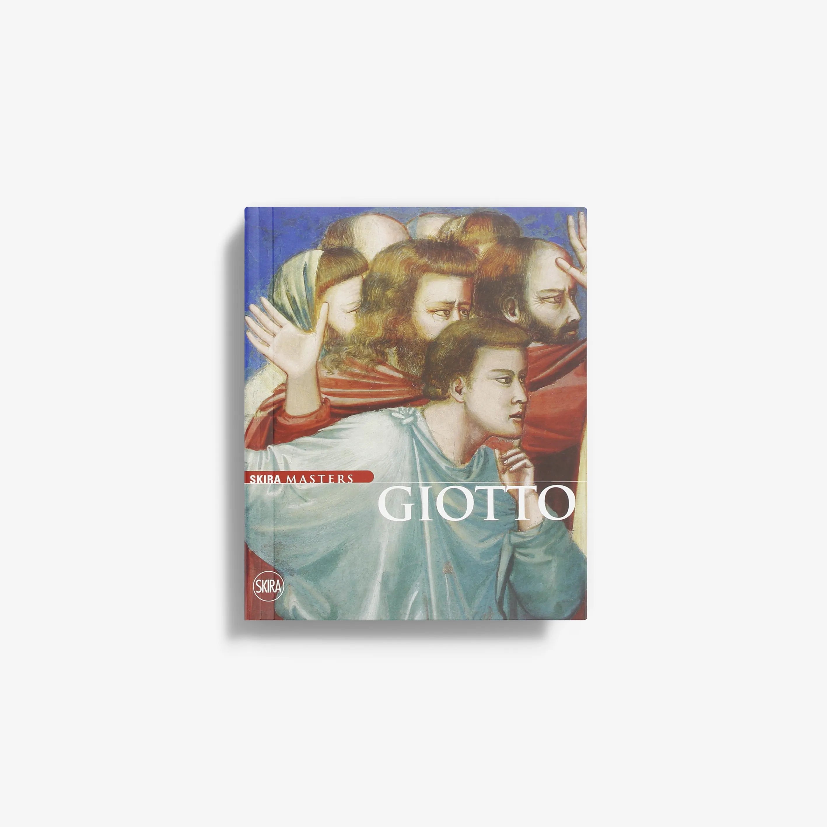 Giotto art book with classical portrait cover, blue and red artwork