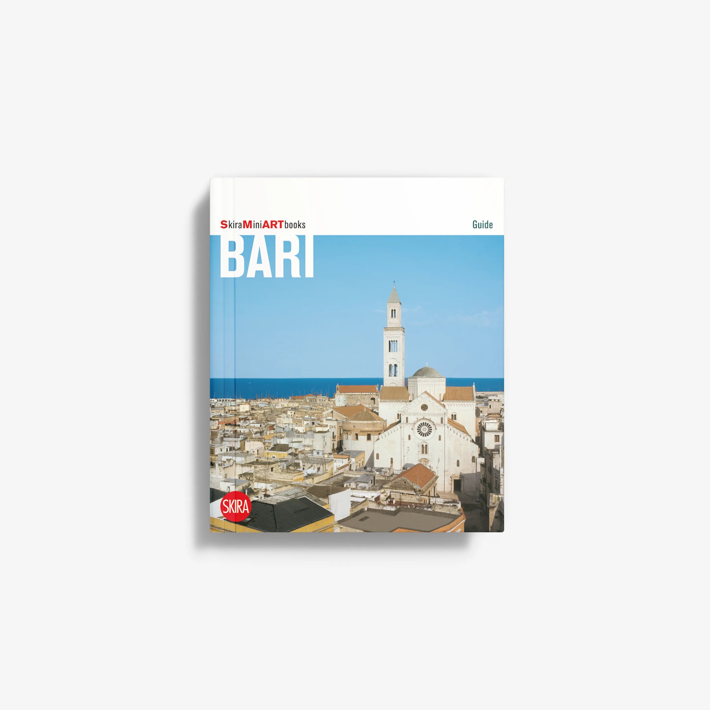 Travel guide book with Bari city skyline and clock-tower illustration on cover