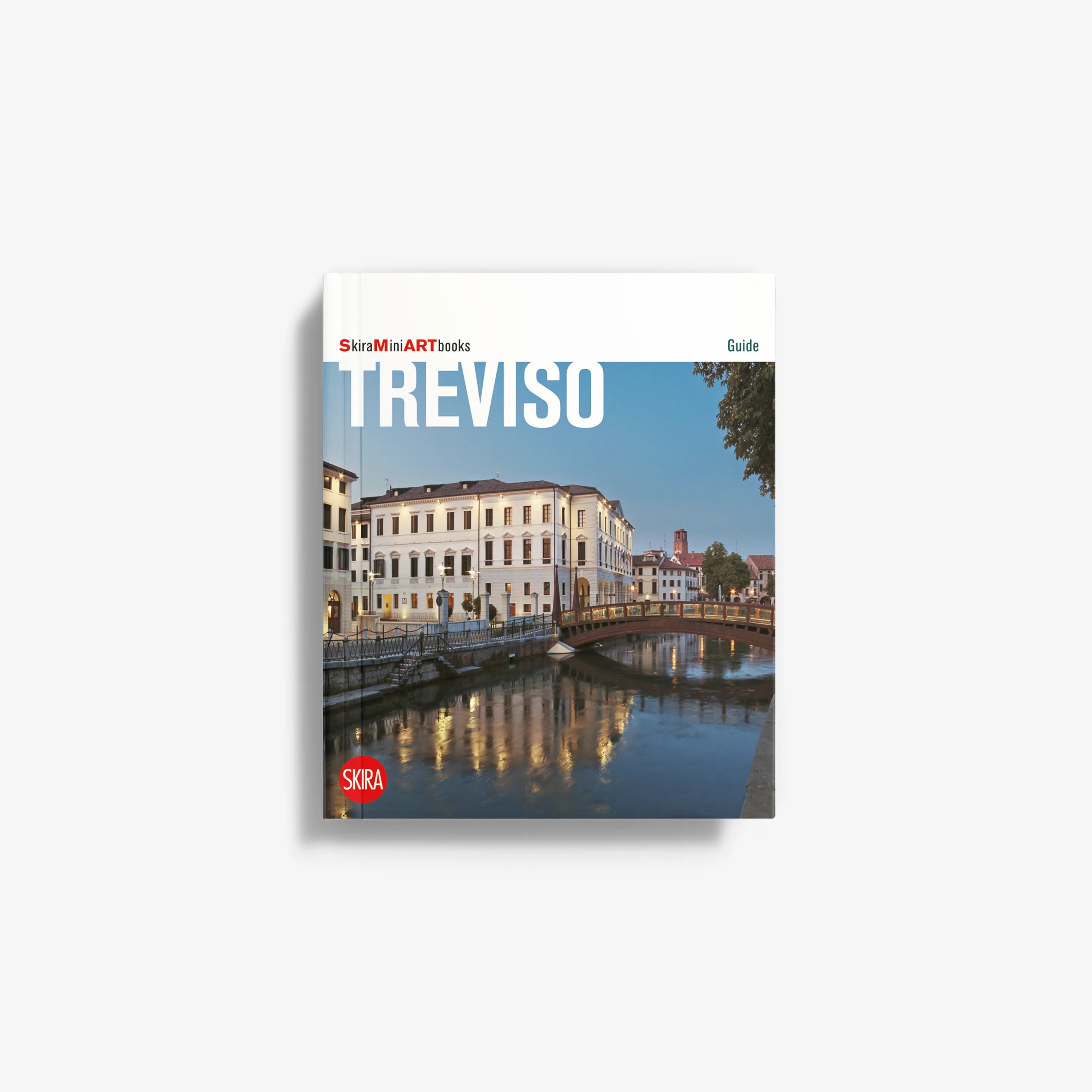 Travel guide book with Treviso title and riverside city photo on cover