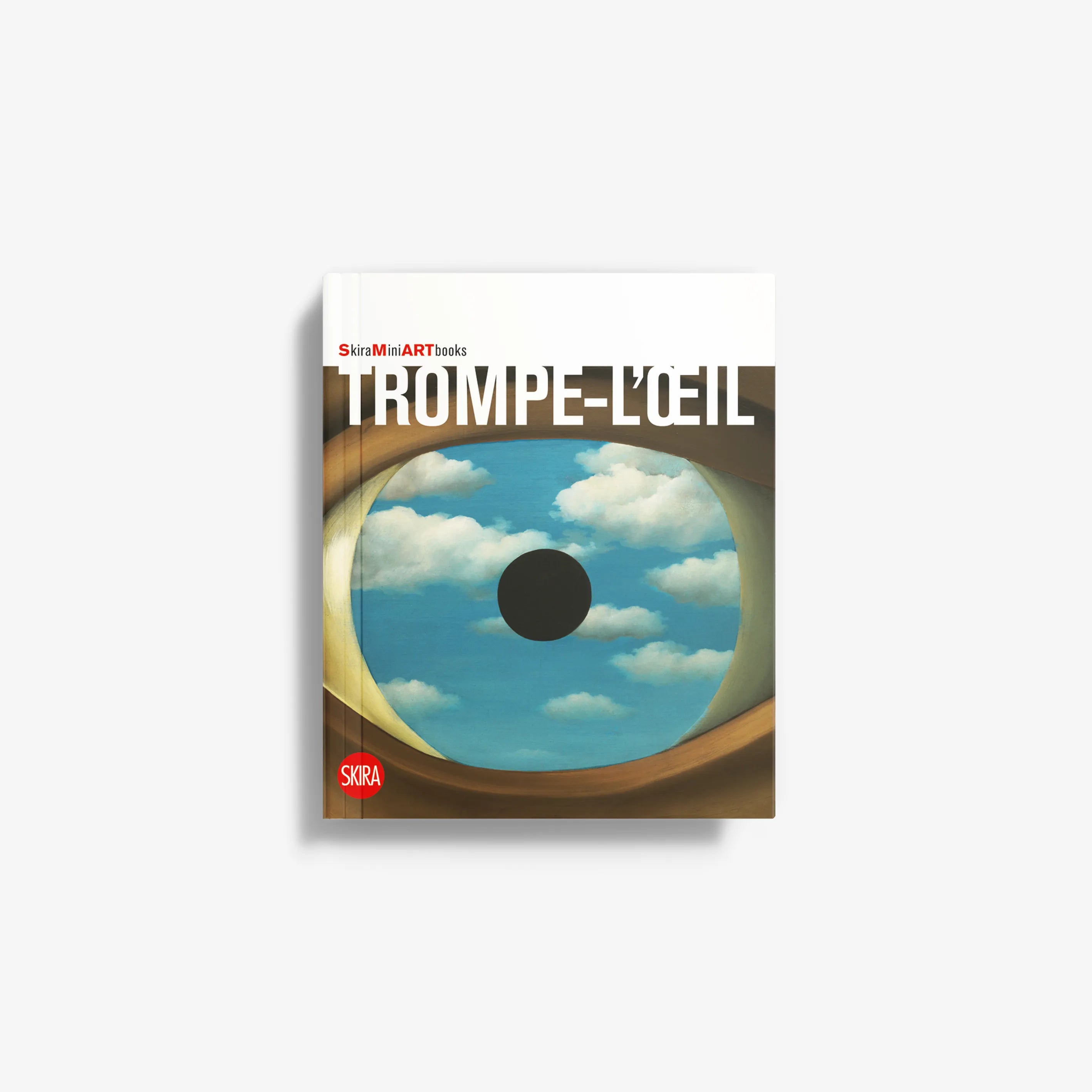 Trompe-l'œil art book cover with blue sky, clouds, and circular eye-like design