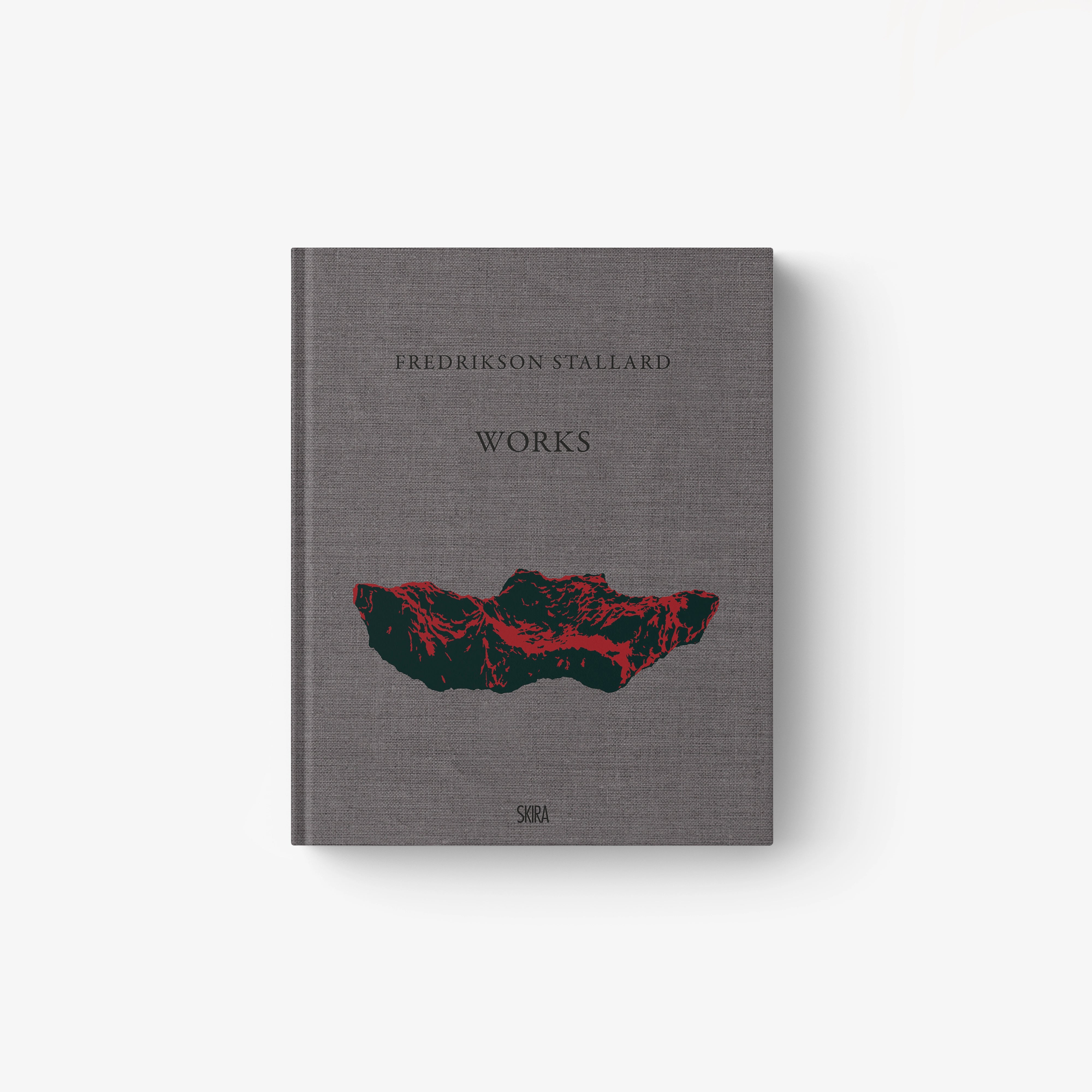 Works book with gray cover and abstract red graphic, Fredrikson Stallard branding