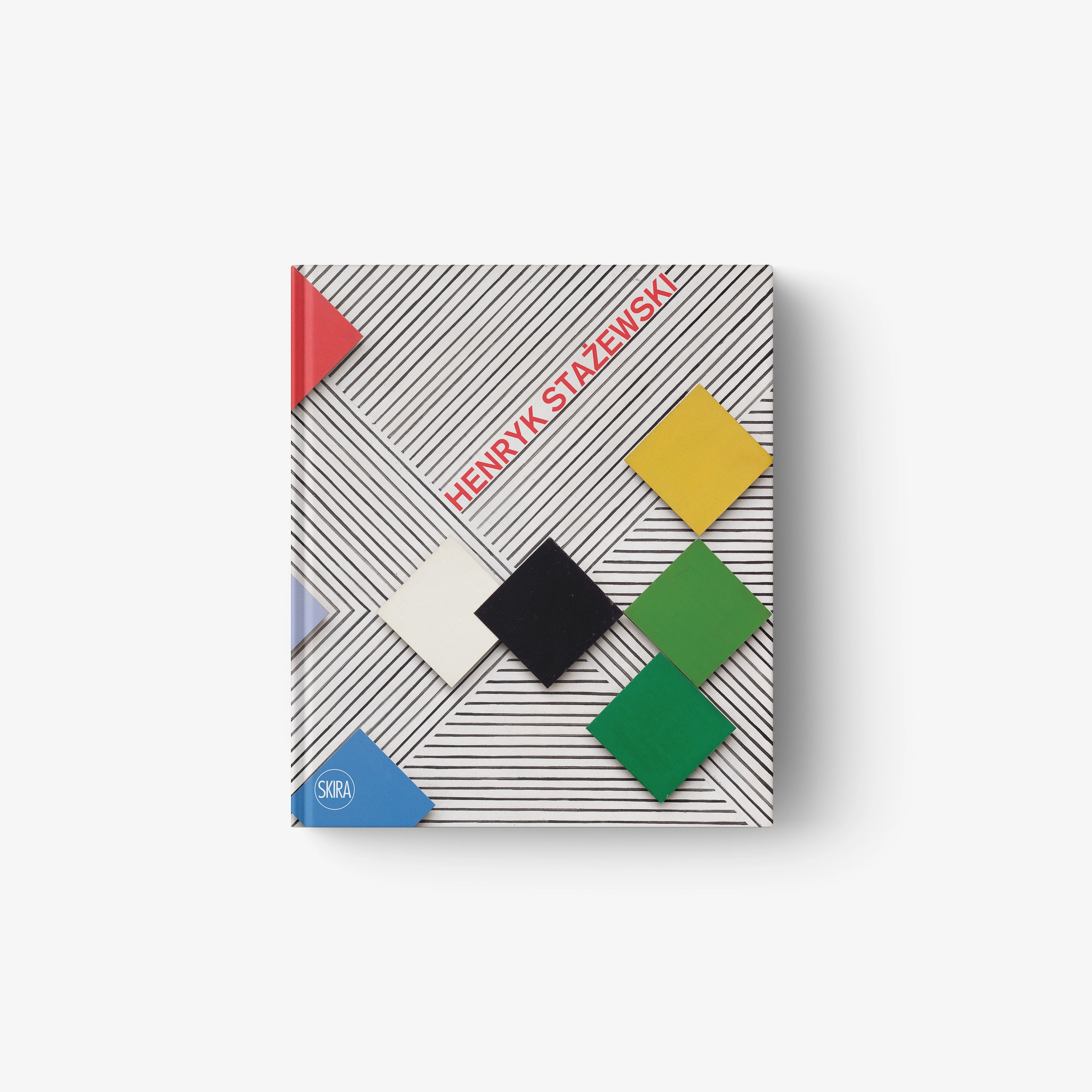 Square abstract art print with diagonal stripes and red, yellow, green, black, and blue blocks