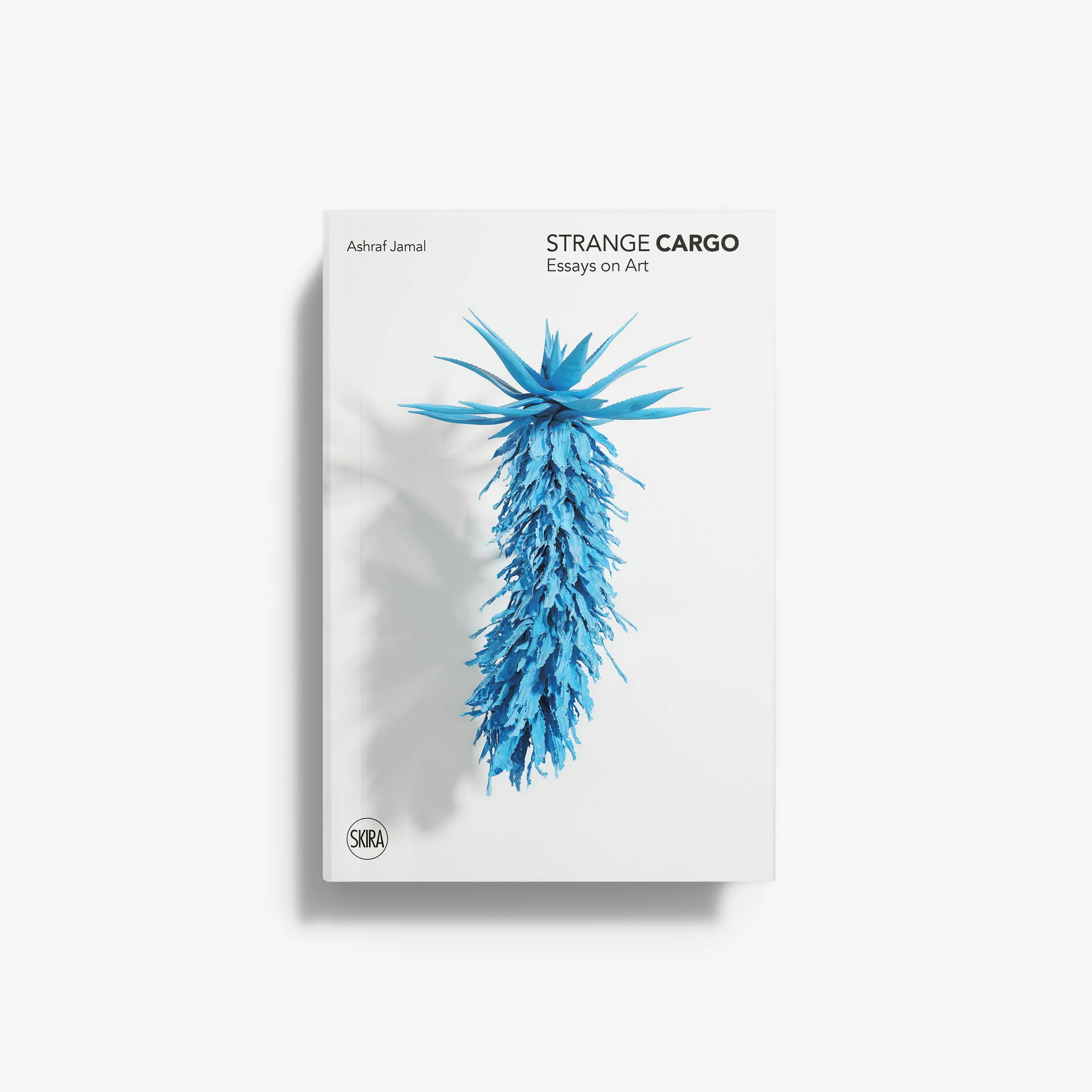 Essay collection book in white with blue abstract artwork, Skira Arte, Strange Cargo, Contemporary art essays