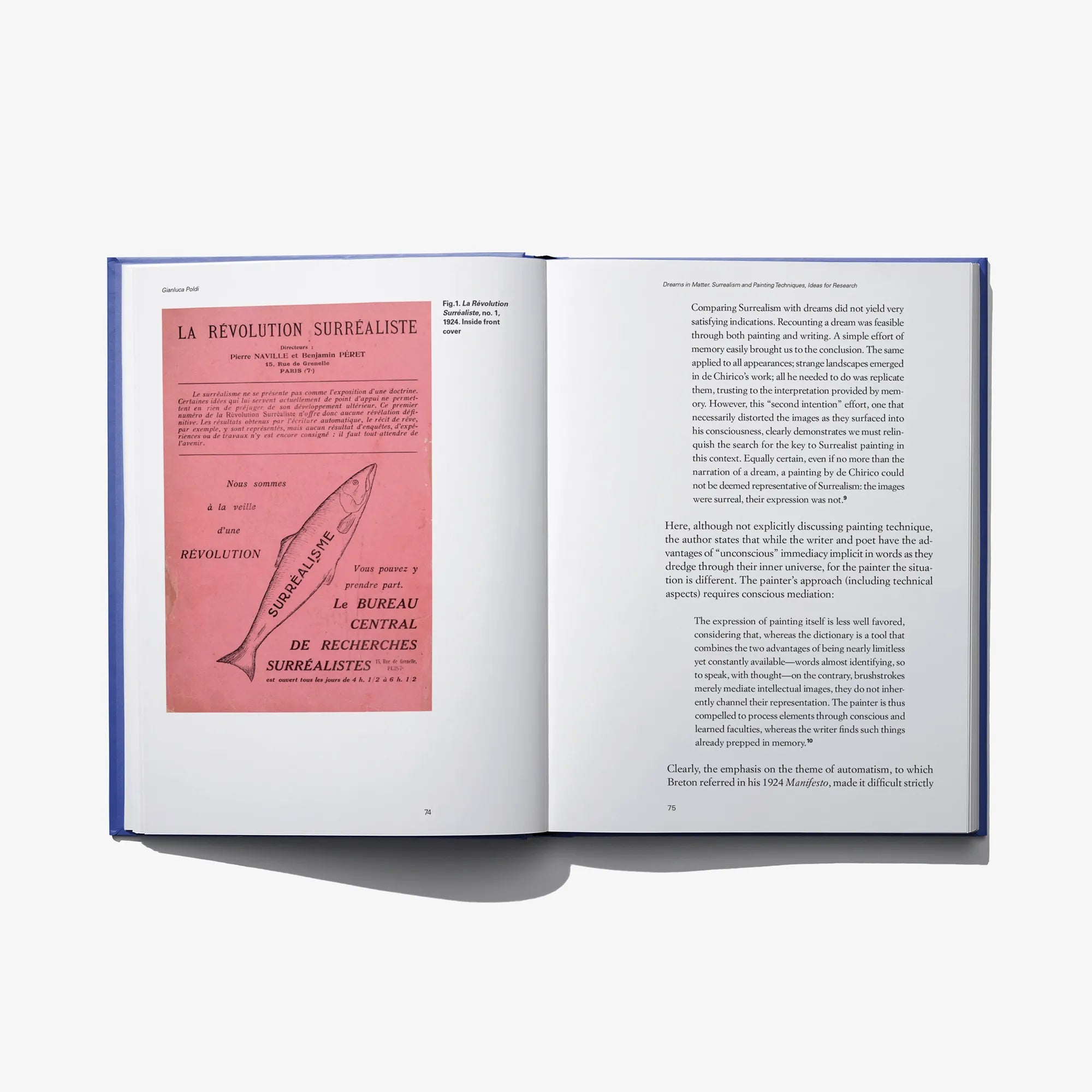 Open book spread with dense text and a red graphic illustration on the left page