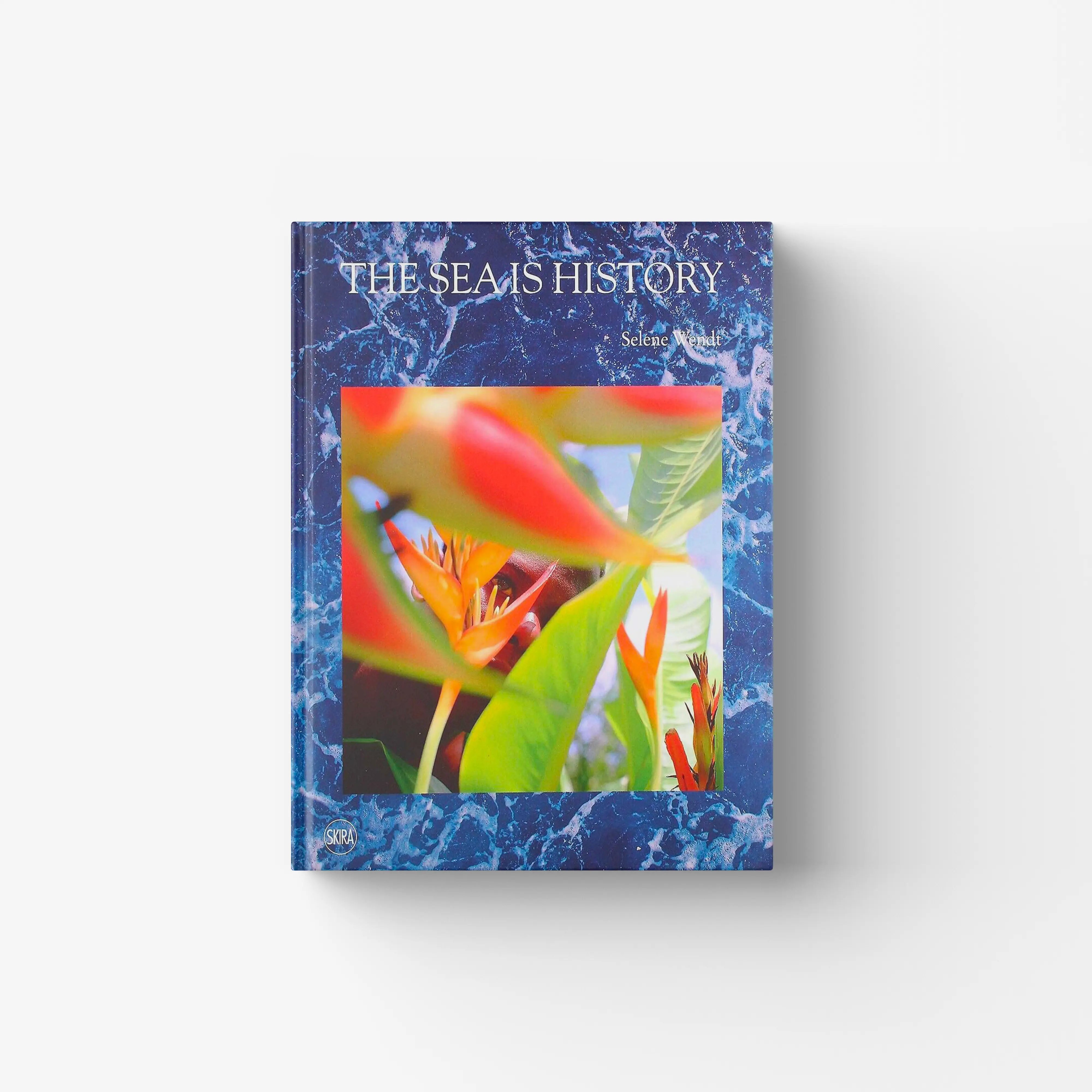 Contemporary art exhibition catalog in blue with sea themed cover, Skira Arte, Selene Wendt, migration and displacement theme