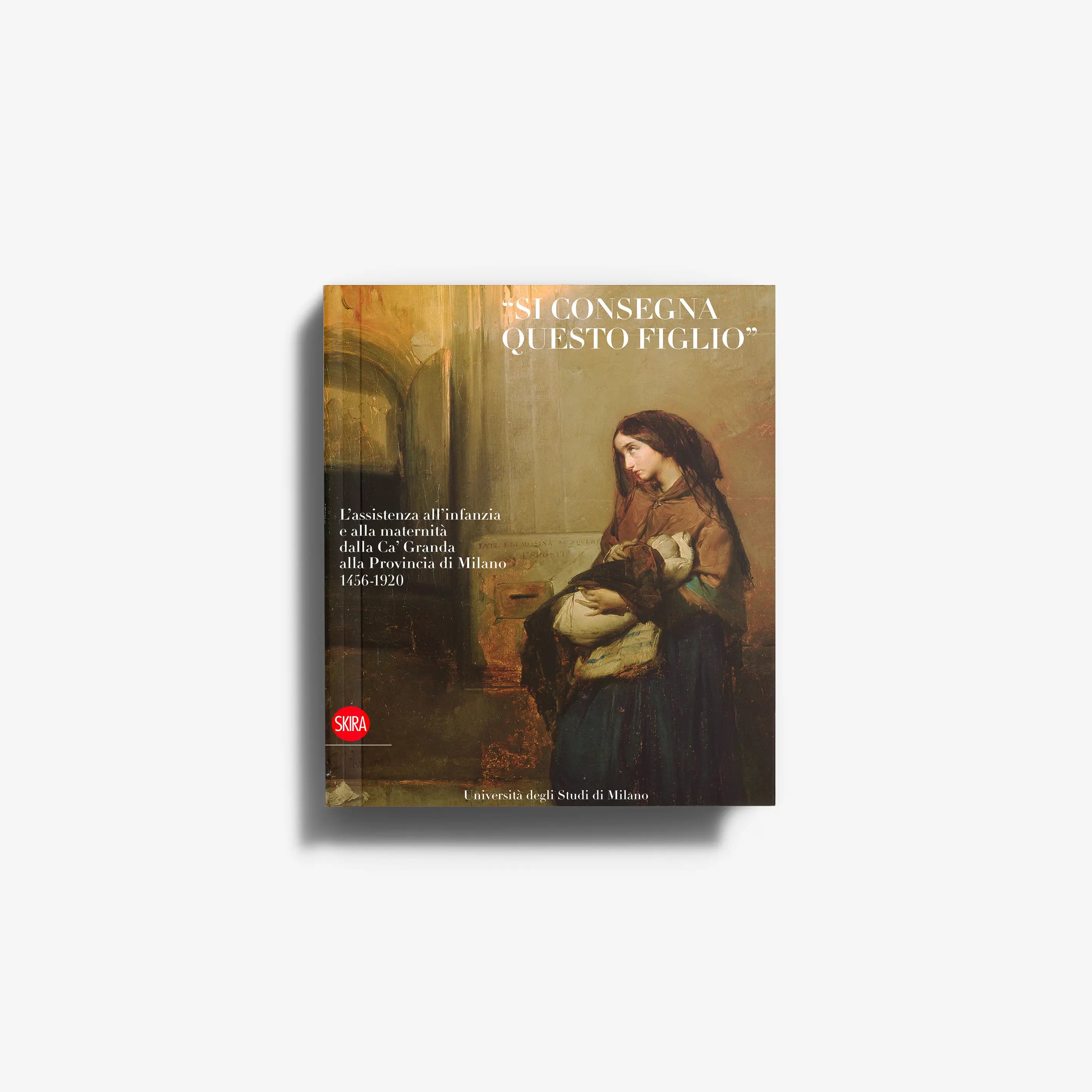 Book with illustrated cover, painted woman holding child, gold lettering
