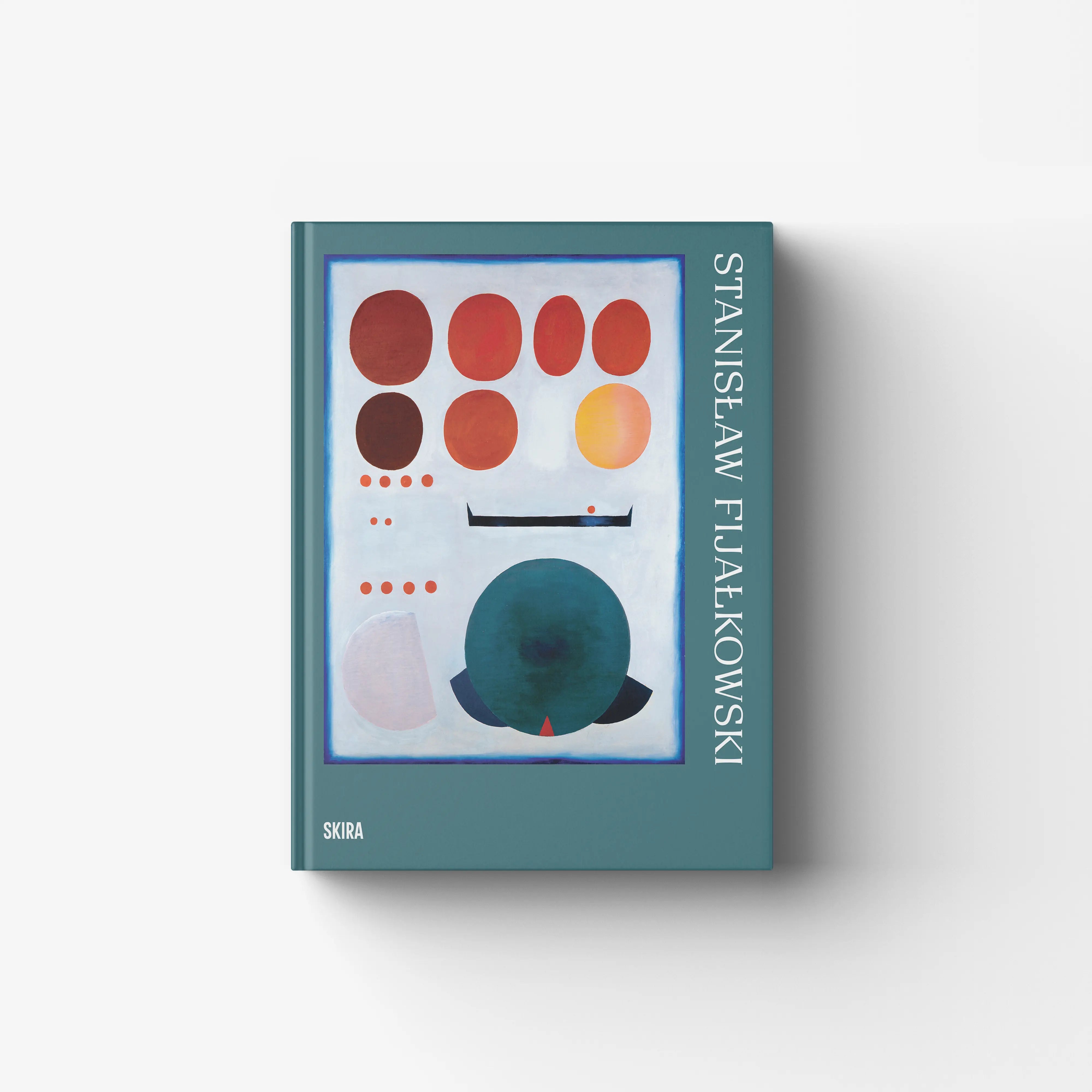 Contemporary art monograph book in teal with red and orange circles, Skira Arte, wood engraving subject matter