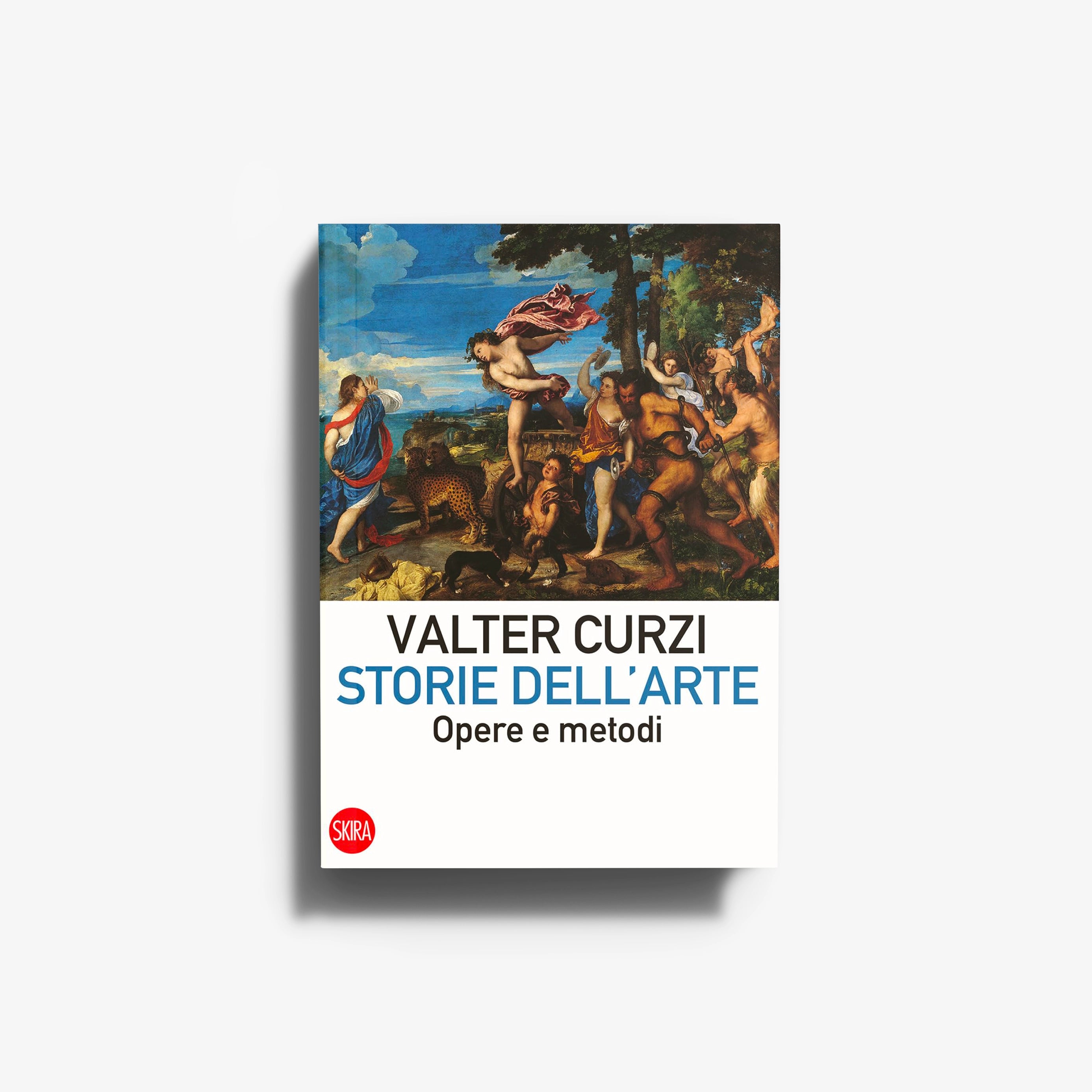 Art history book in blue and multicolour cover with painting scene, Skira Arte, guide for analysing artworks