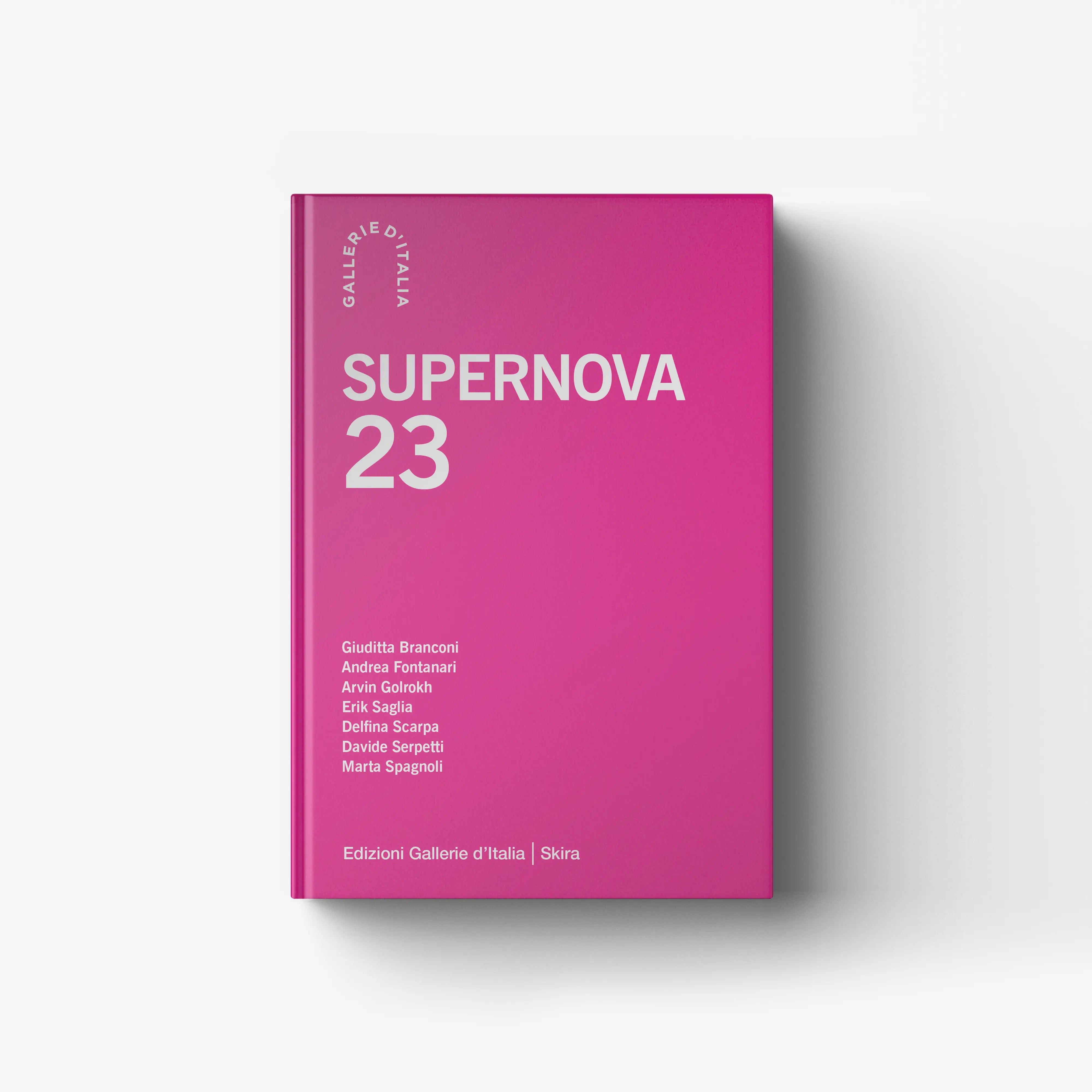 Contemporary art book in magenta with Skira Arte branding, Supernova 23 and Giuditta Branconi list on cover