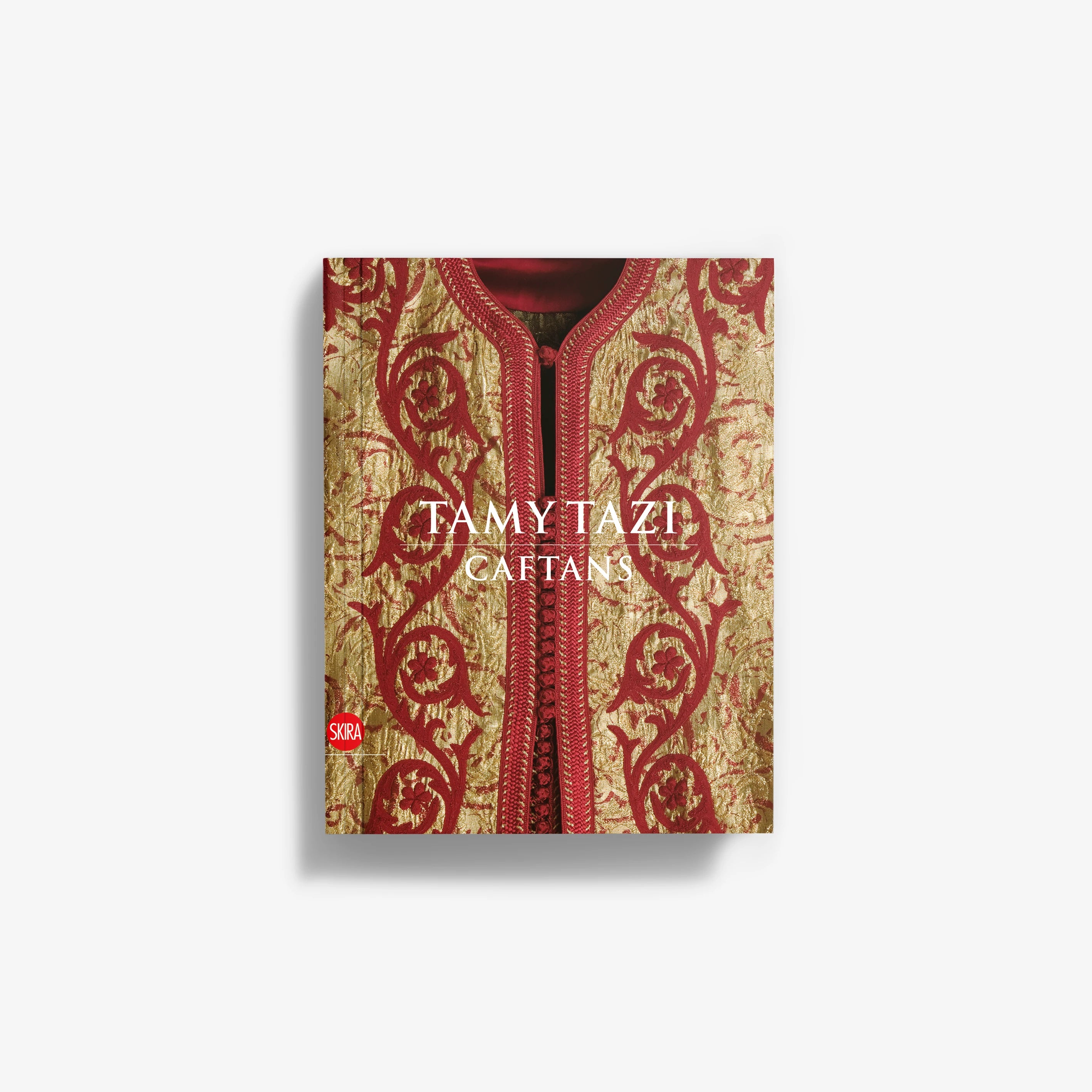 Gold and red patterned caftan with front opening and decorative trim