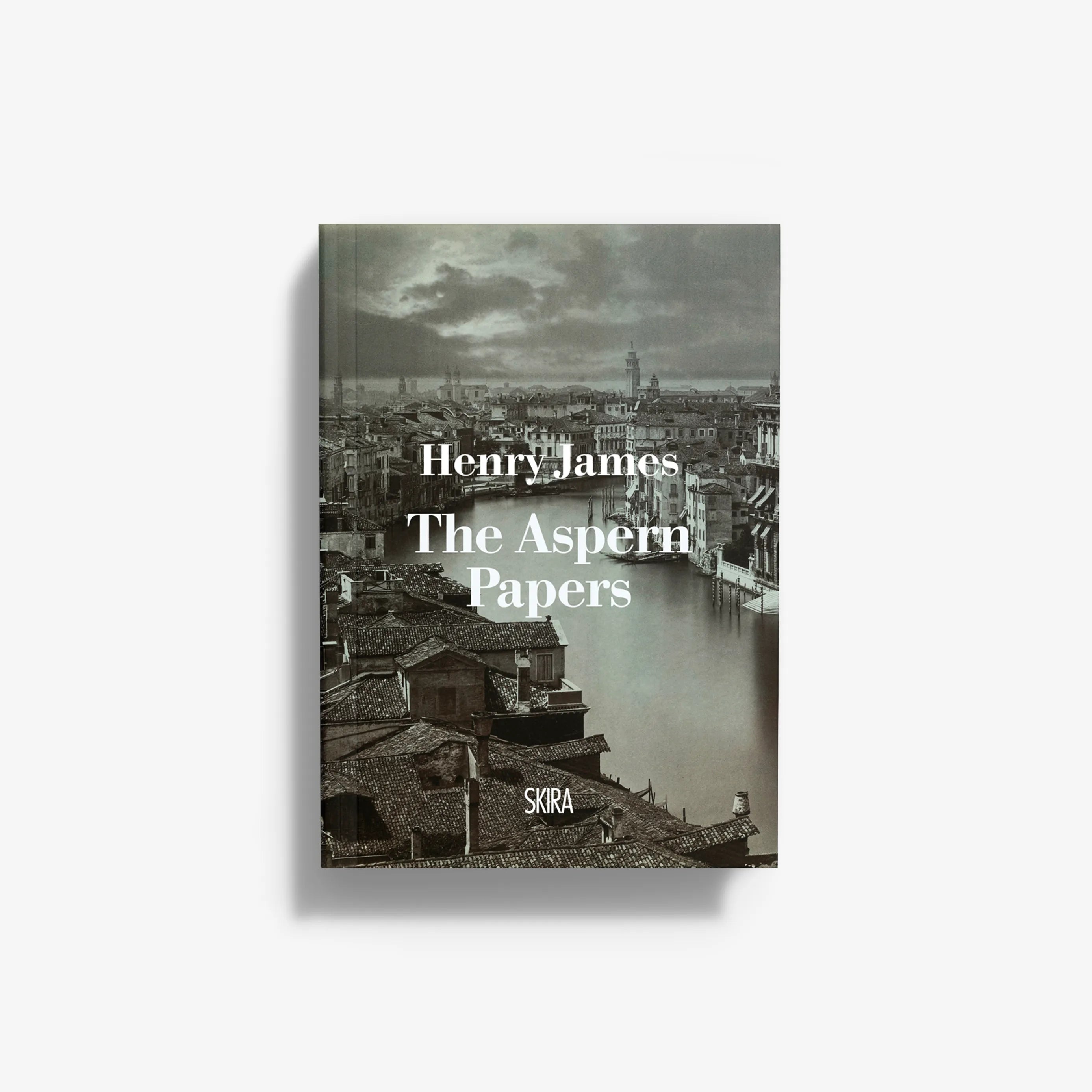 The Aspern Papers book cover with riverside city photo and white title lettering