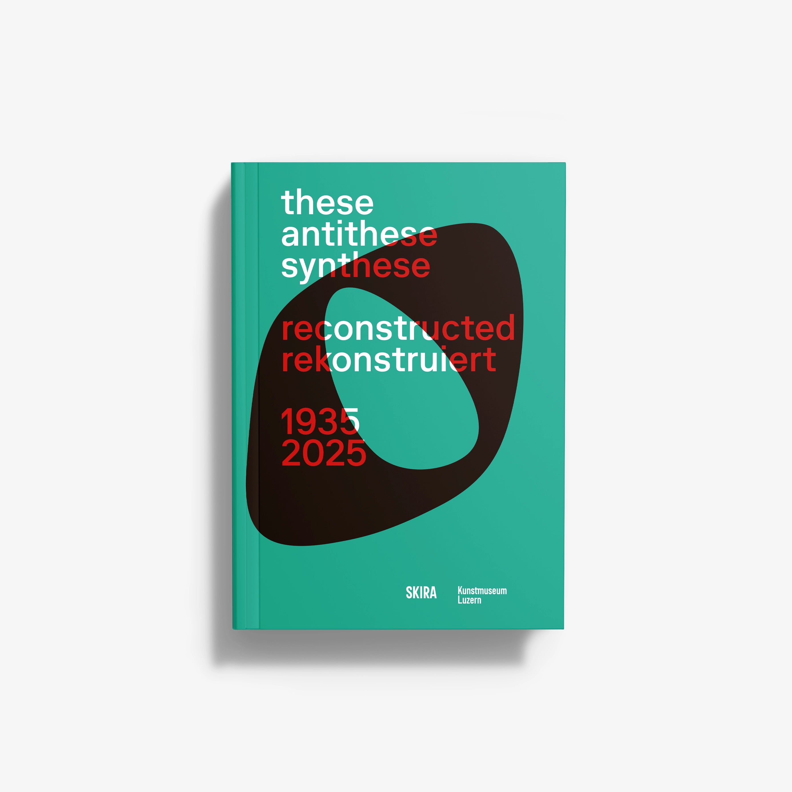 Teal book with black abstract cover shape and red lettering, '1935–2025' visible