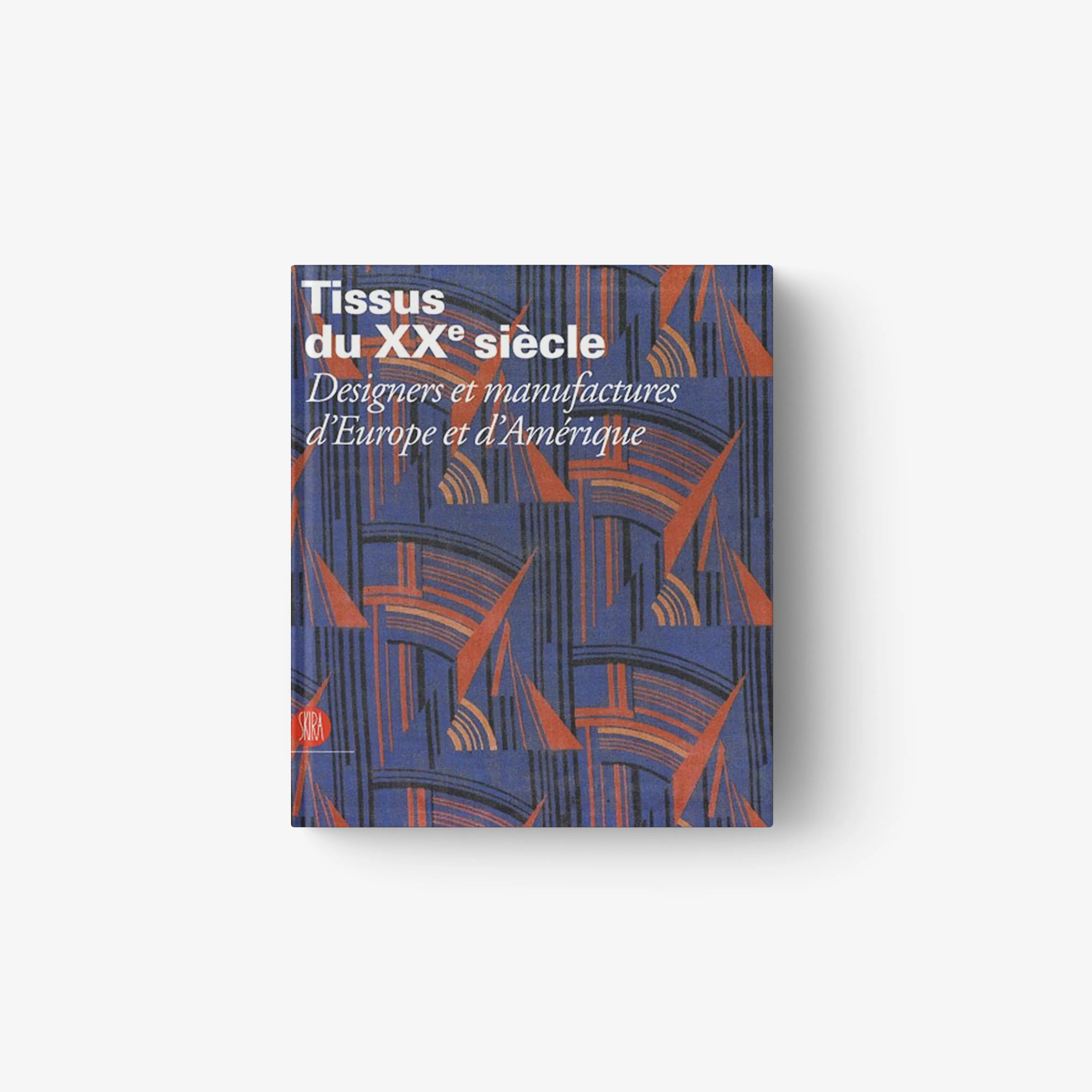 Hardcover book with blue and orange geometric fabric-pattern cover, square format