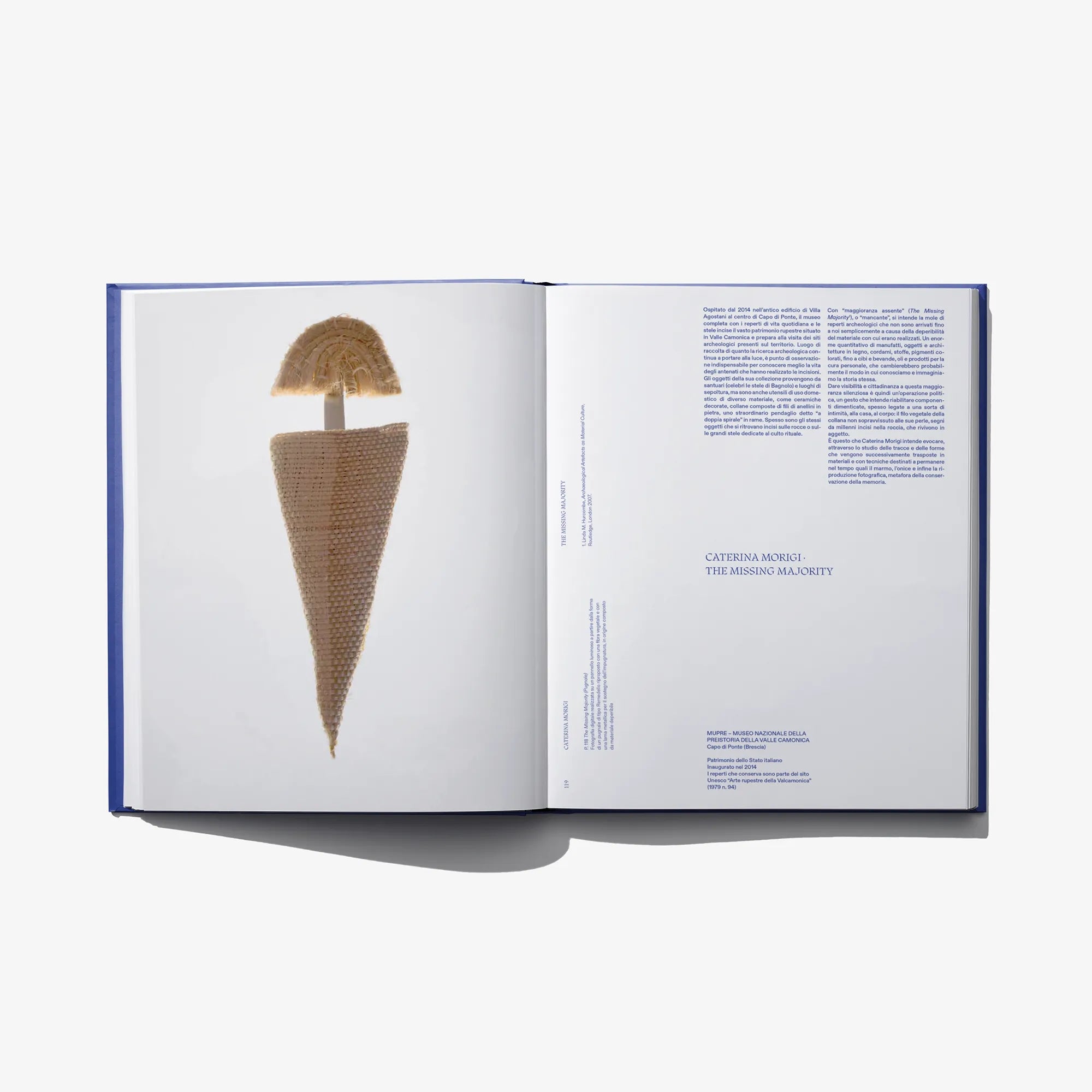 Open book spread with gold sculpture illustration on the left page