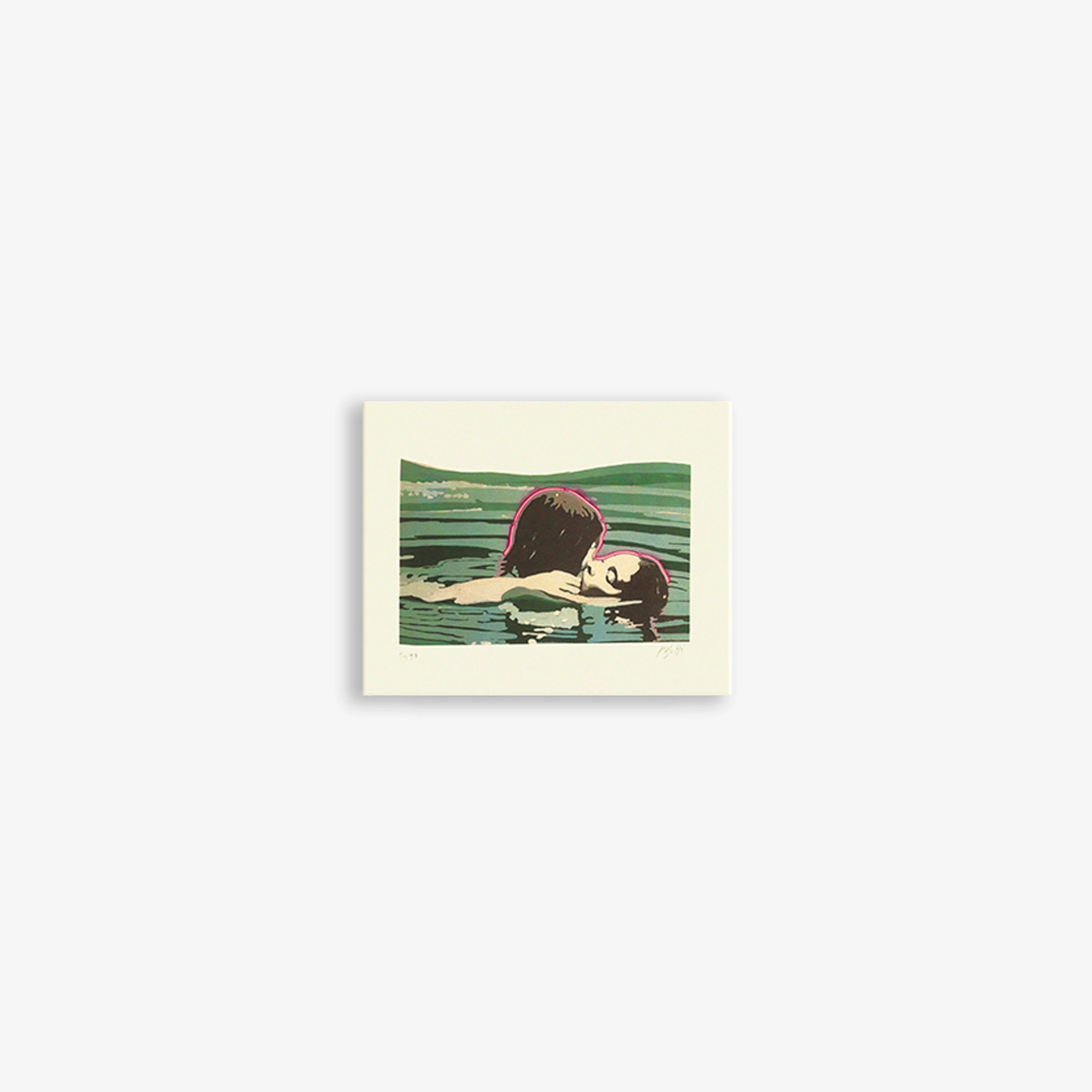 Small framed limited-edition art print with green water and two figures