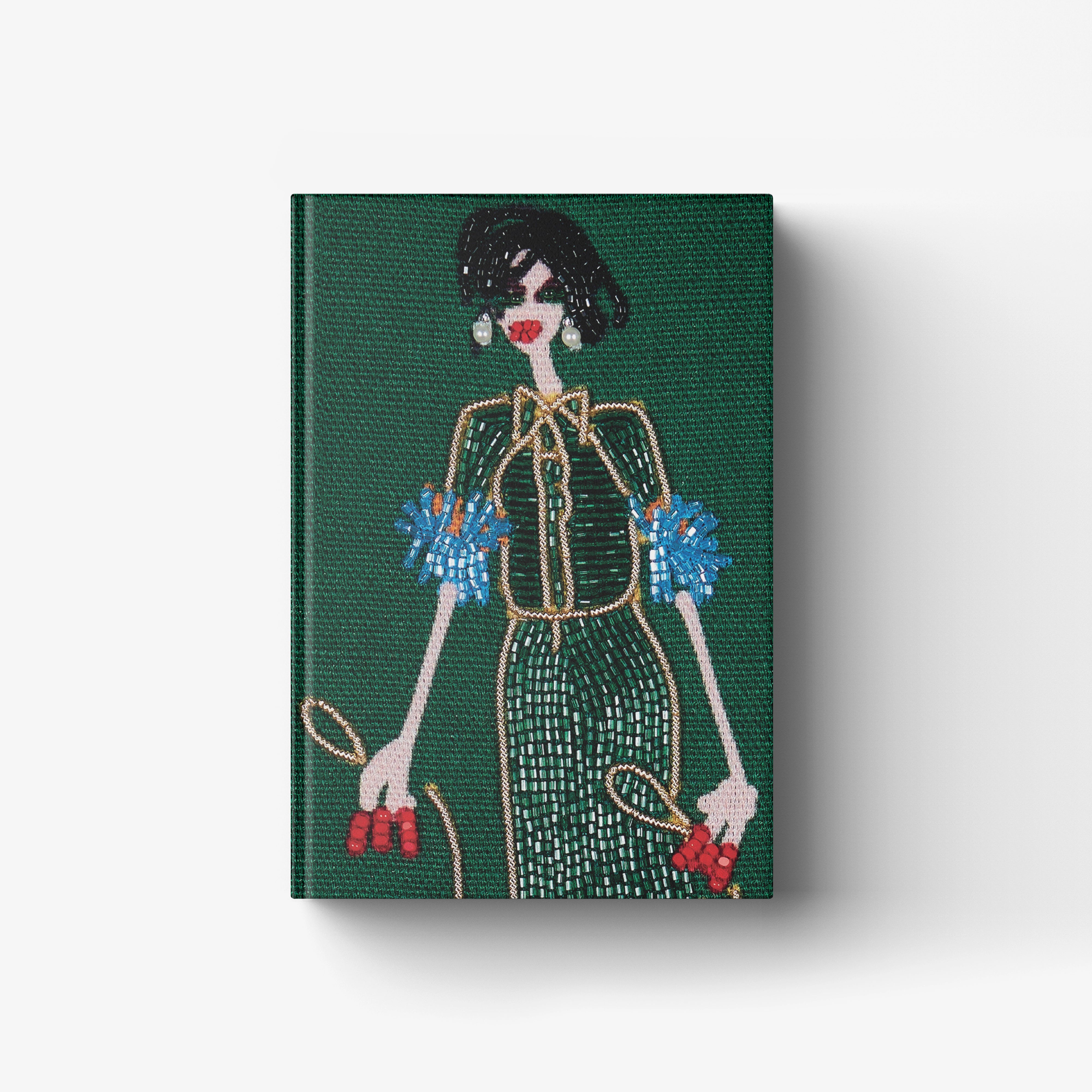 Contemporary art illustration by Skira Arte, green beaded female figure, from the Tipe Umane series from 2016
