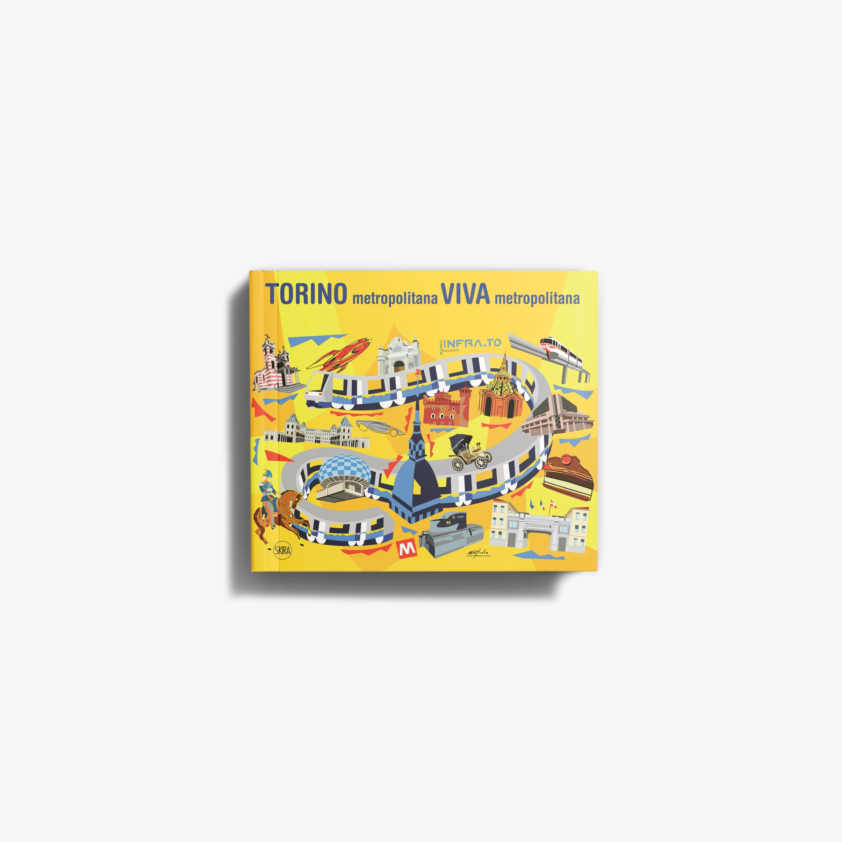 Contemporary art book in yellow with illustrated Turin Metro Line 1 decor, Skira Arte, essential direct sign