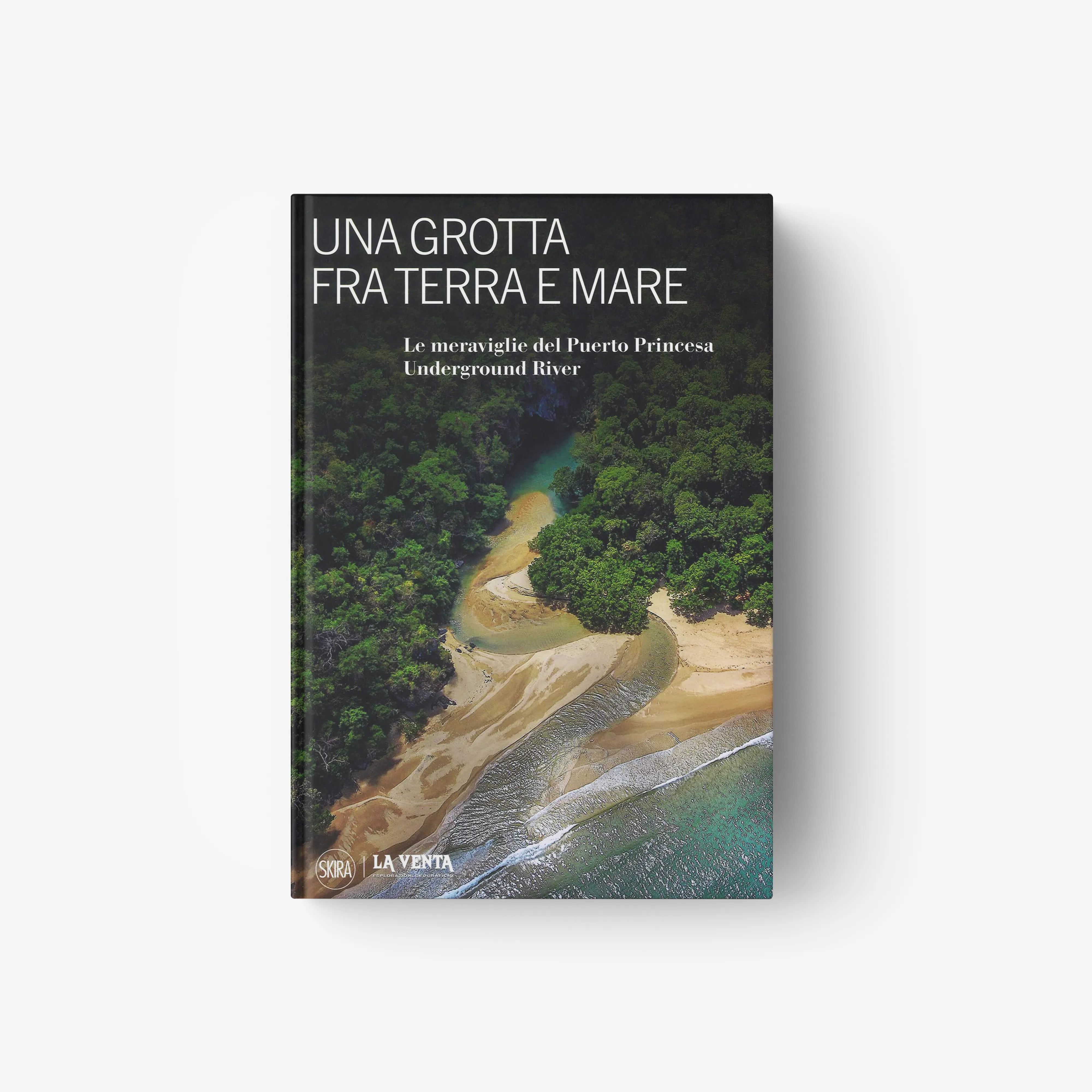 Exploration book in dark cover with underground river and cave formations, Skira Arte, featuring photographic and descriptive galleries