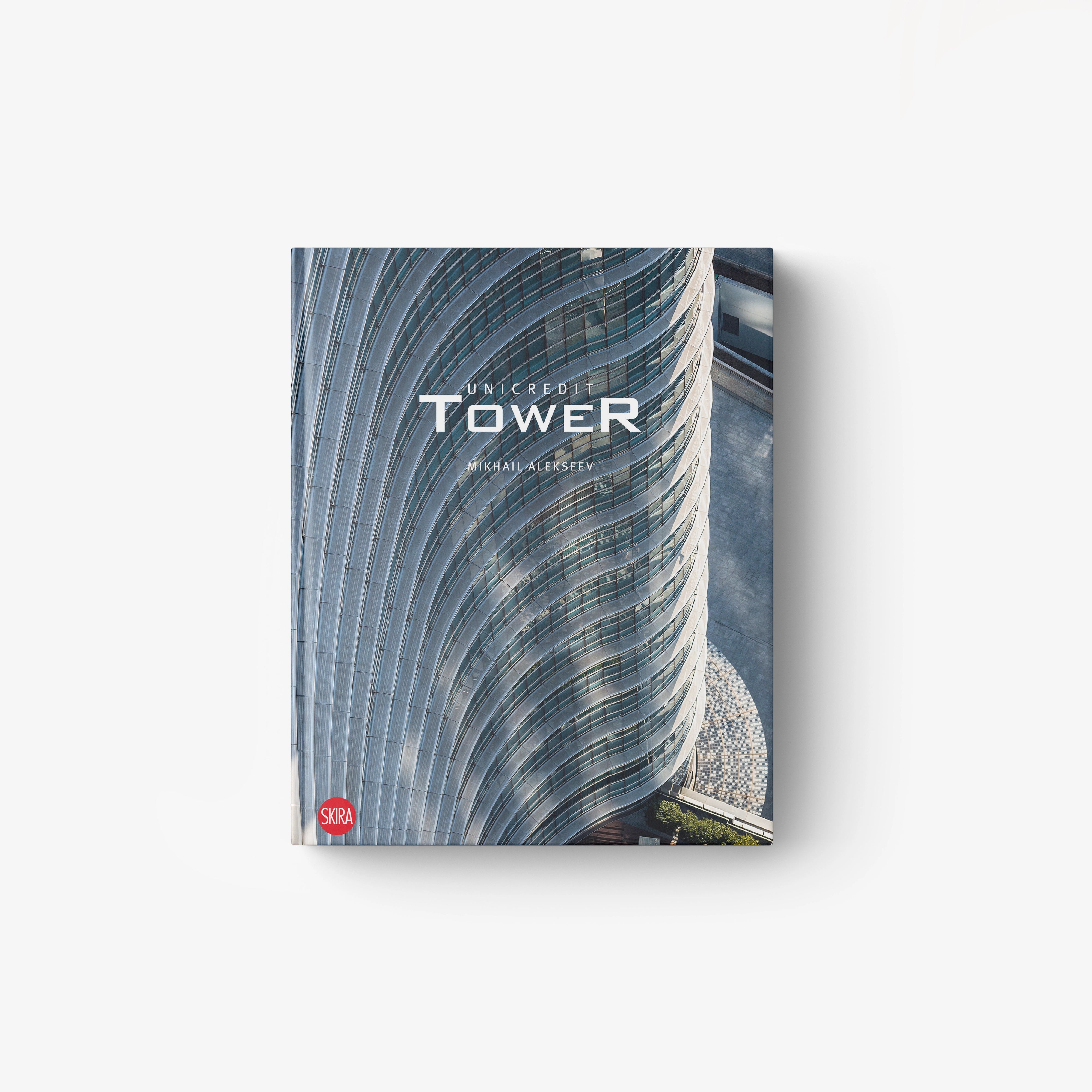 Unicredit Tower architectural wall print with blue curved skyscraper and title text