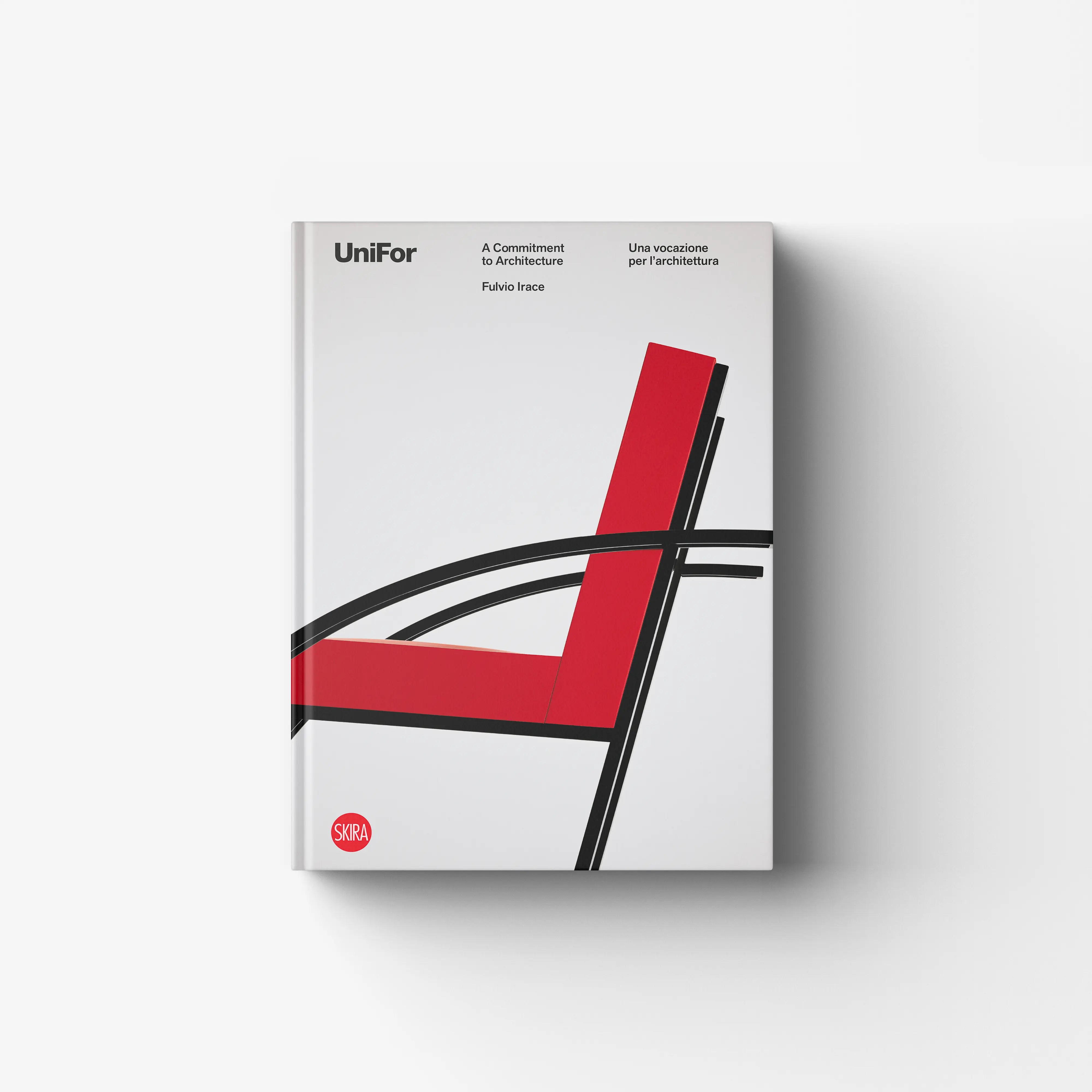 Architecture book in white with red and black cover, Skira Arte UniFor, interior design and allestimento of public spaces