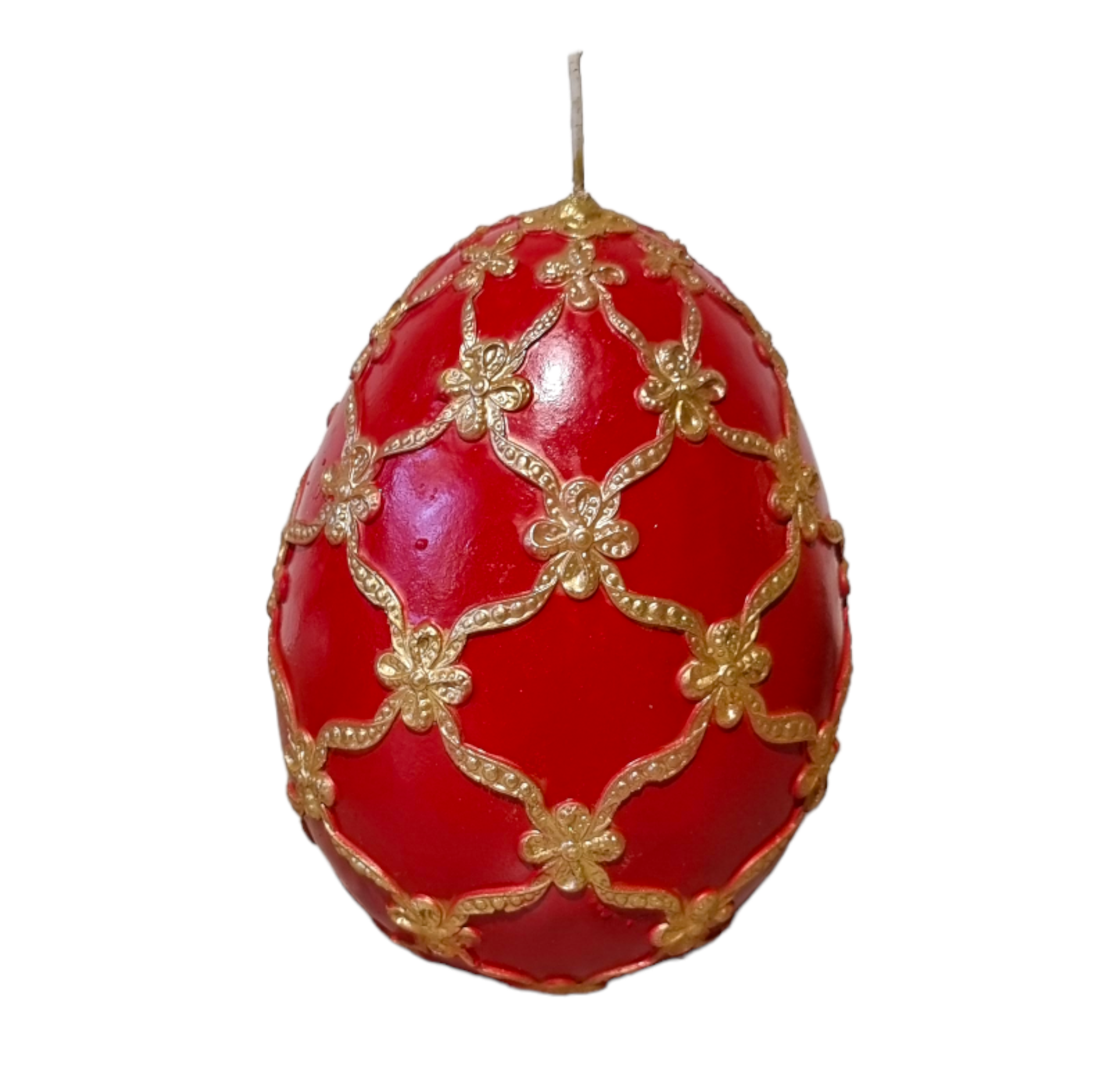 Red and gold decorative Easter egg candle with gold filigree pattern