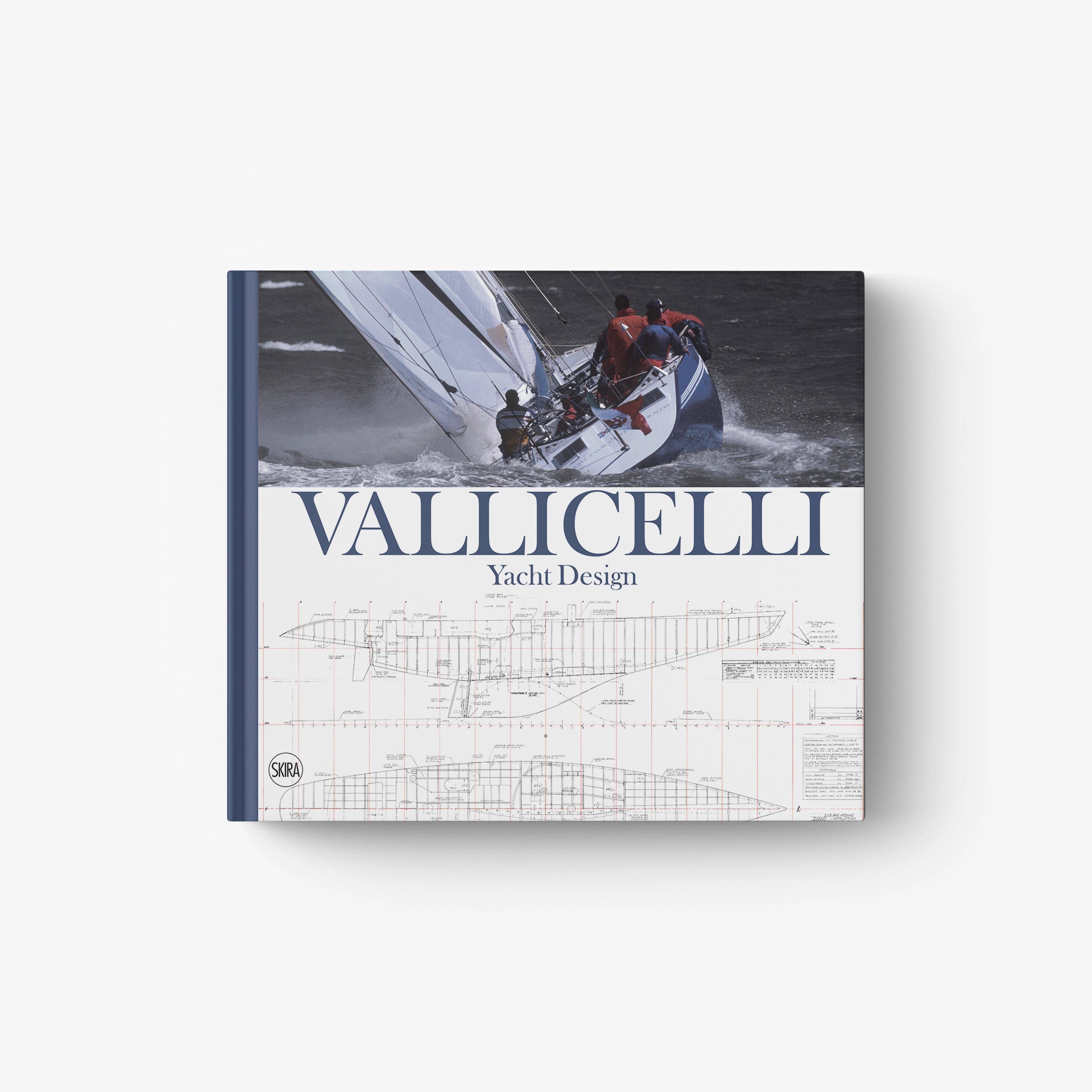 Vallicelli yacht design book with blue cover and blueprint-style boat schematics
