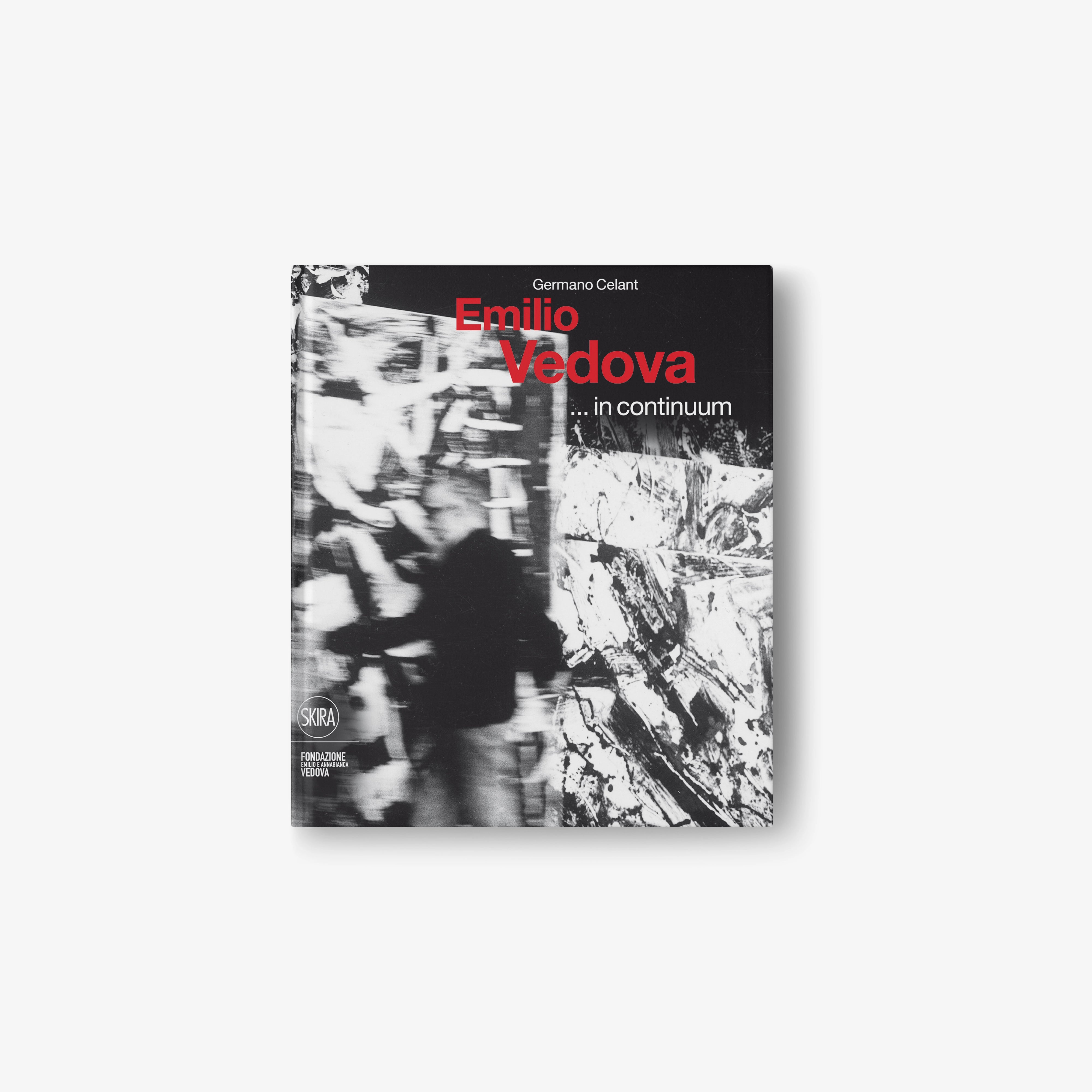 Art book cover by Emilio Vedova with black-and-white abstract collage and red title text