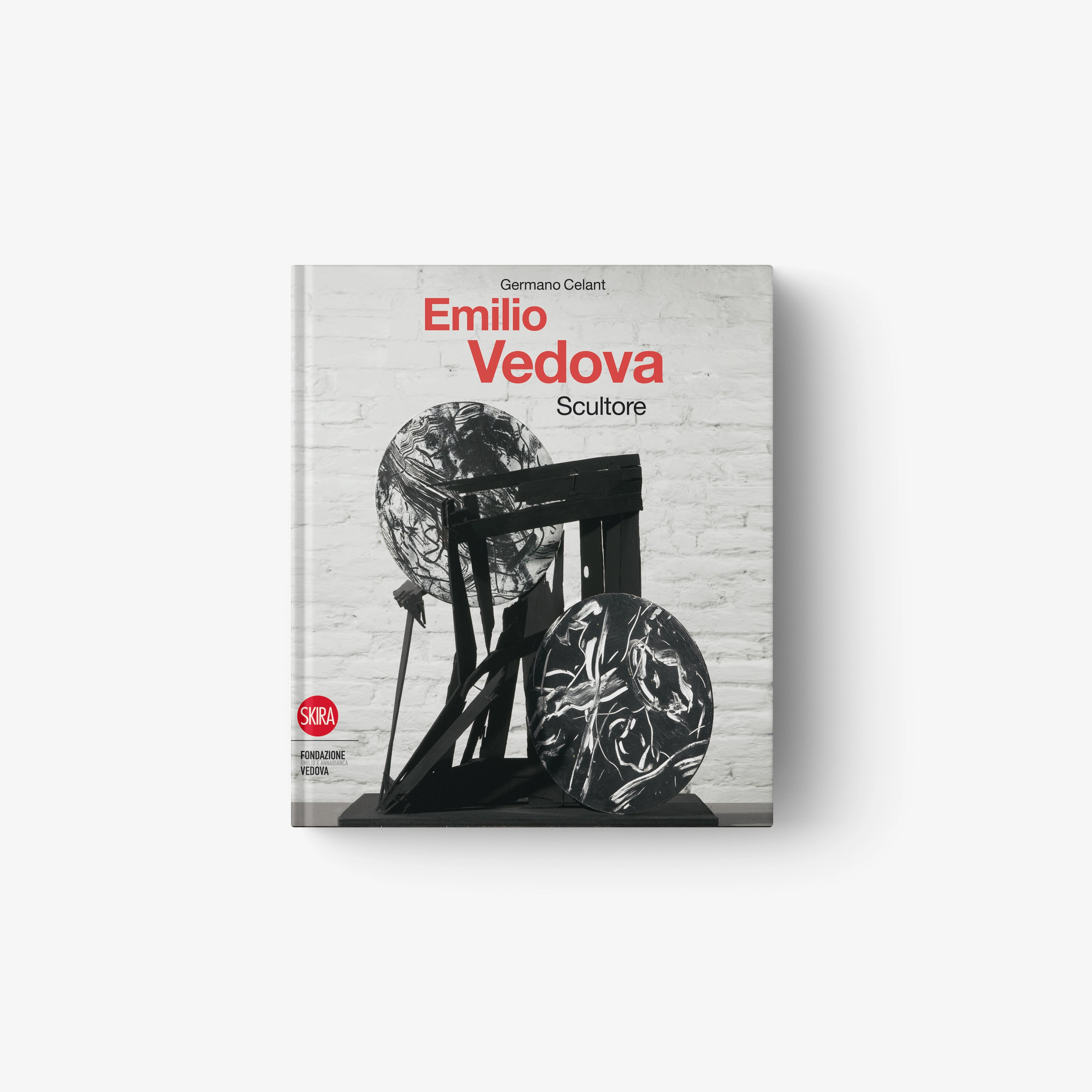 Art book with Emilio Vedova Scultore cover, black abstract figure on light background
