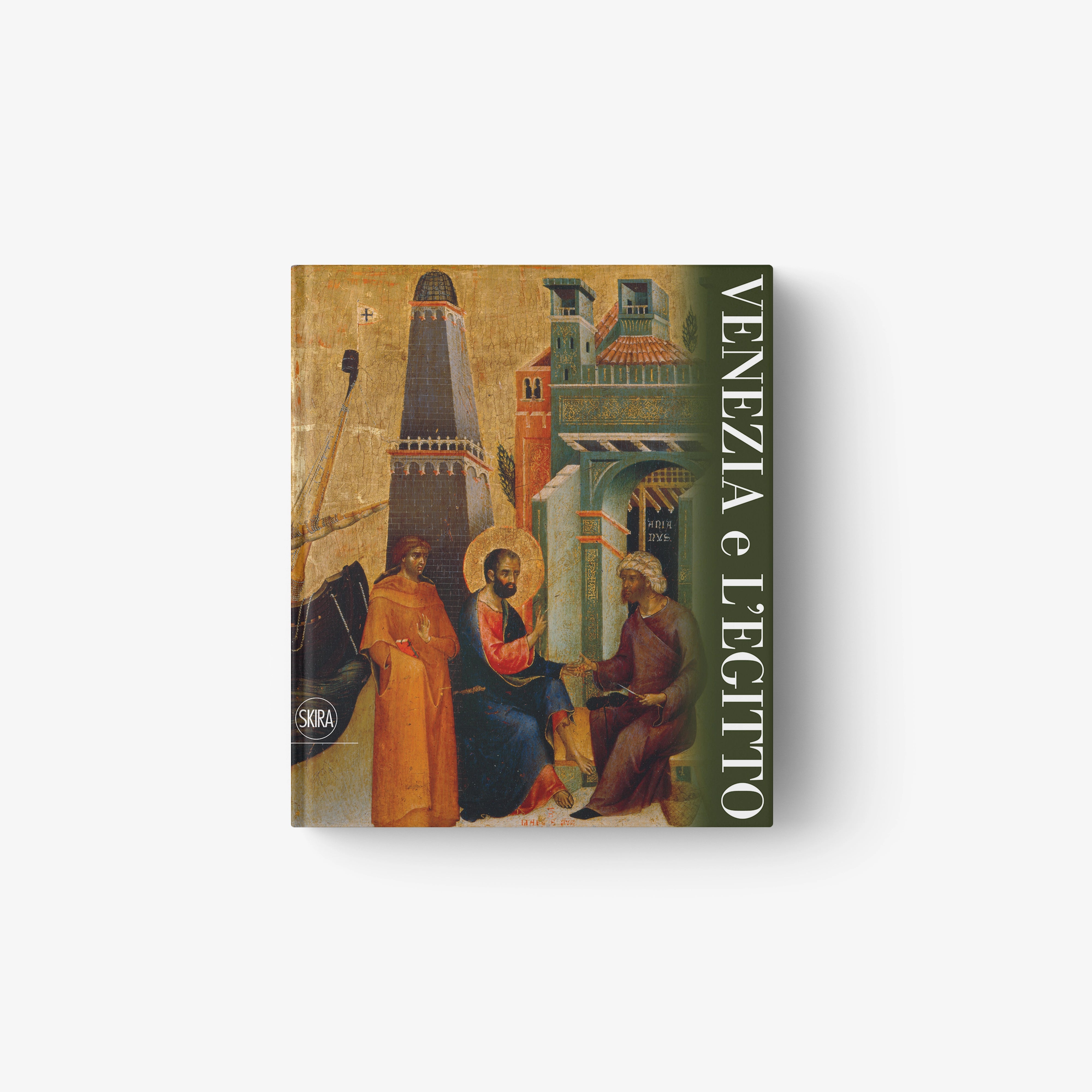 Hardcover book with illustrated Venice and Egypt cover art and vertical title