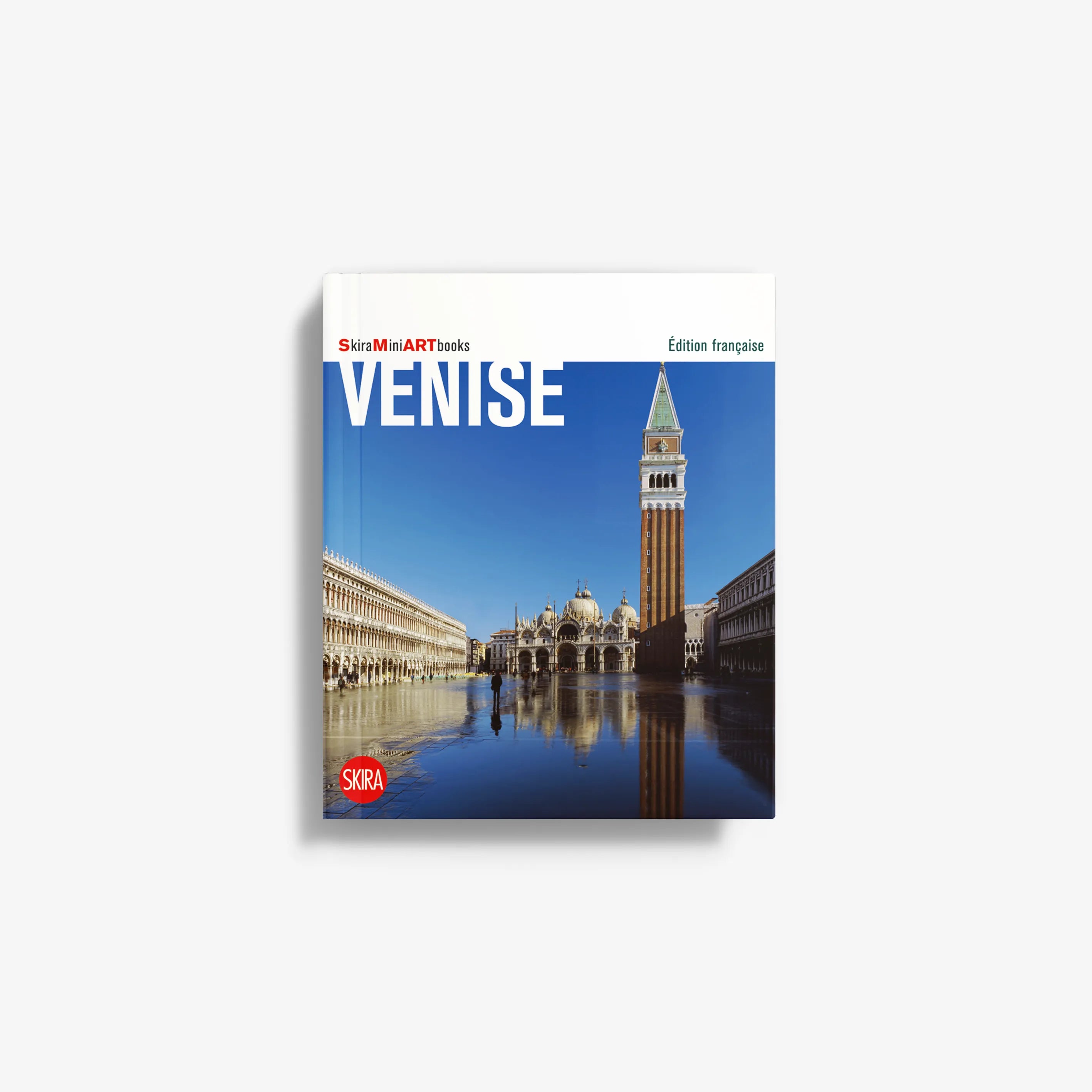Venice travel guide book cover, blue sky canal with Basilica San Marco tower