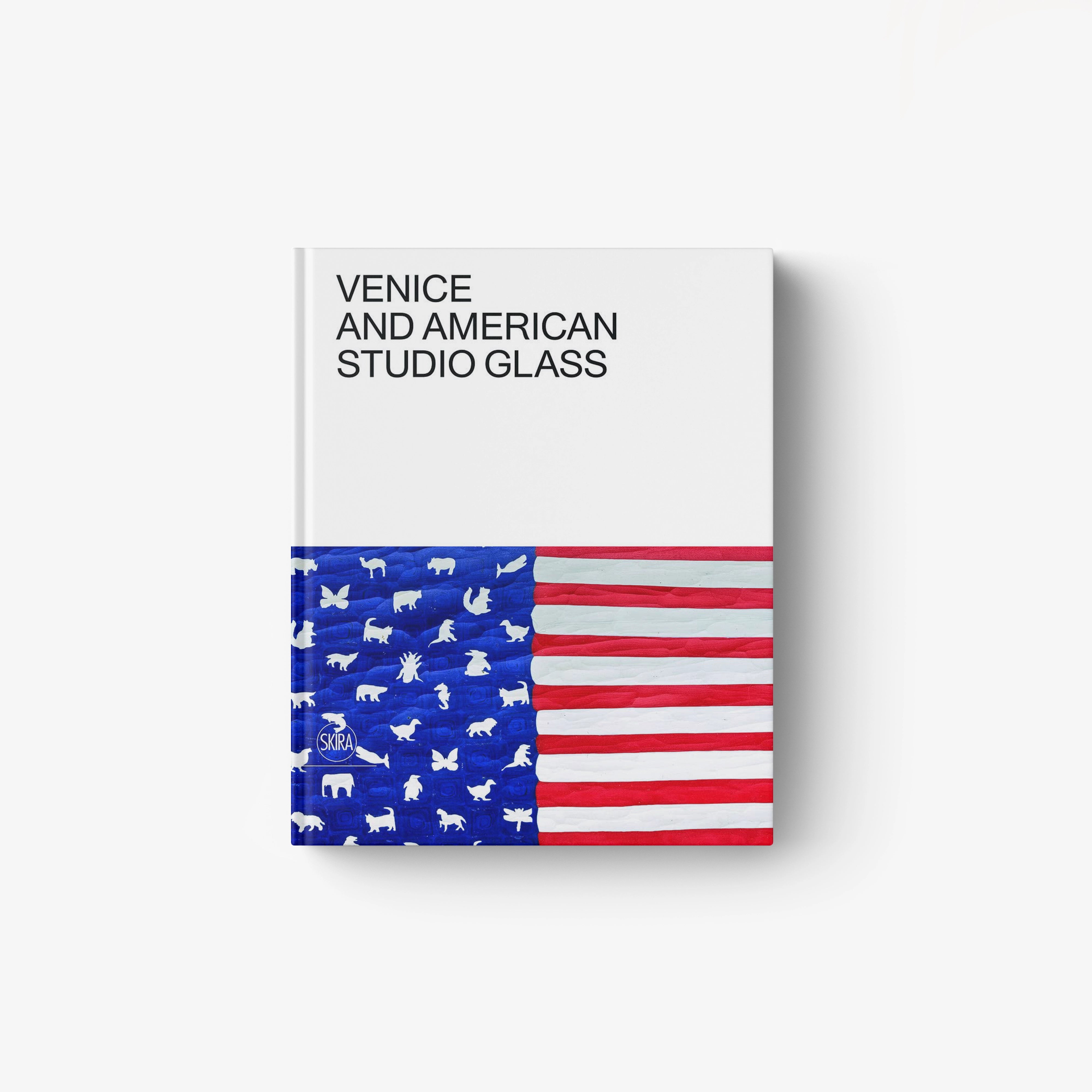 Venice and American studio glass artwork with title text and flag pattern