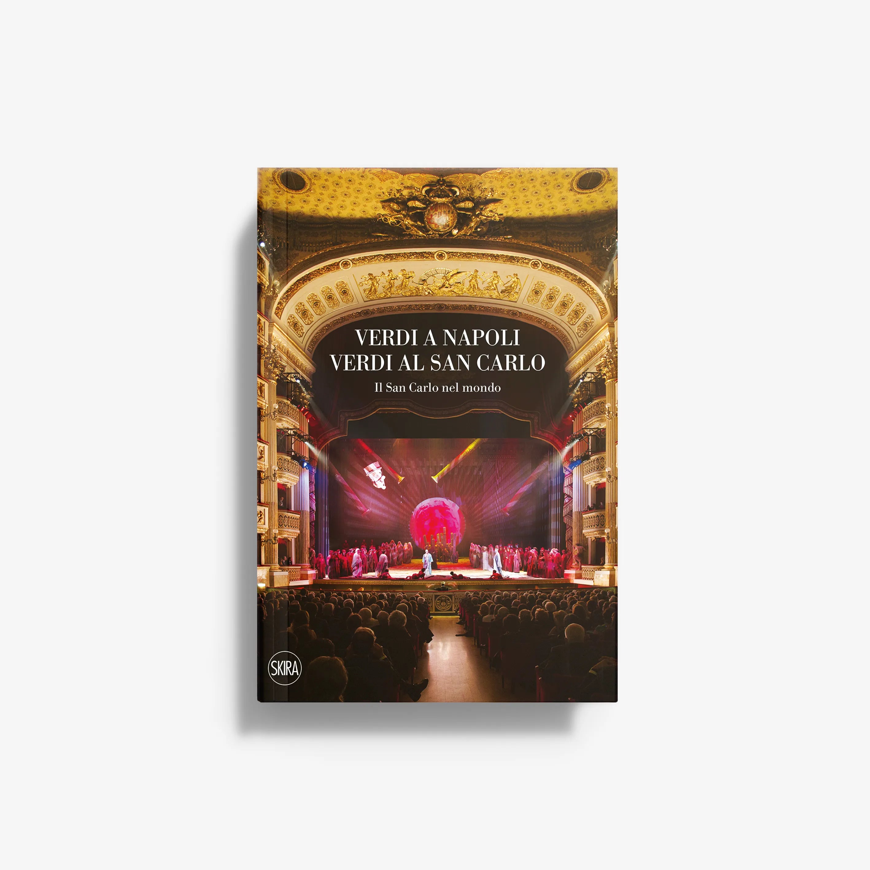 Opera music album cover with gold art and dark theater stage scene, red spotlight.