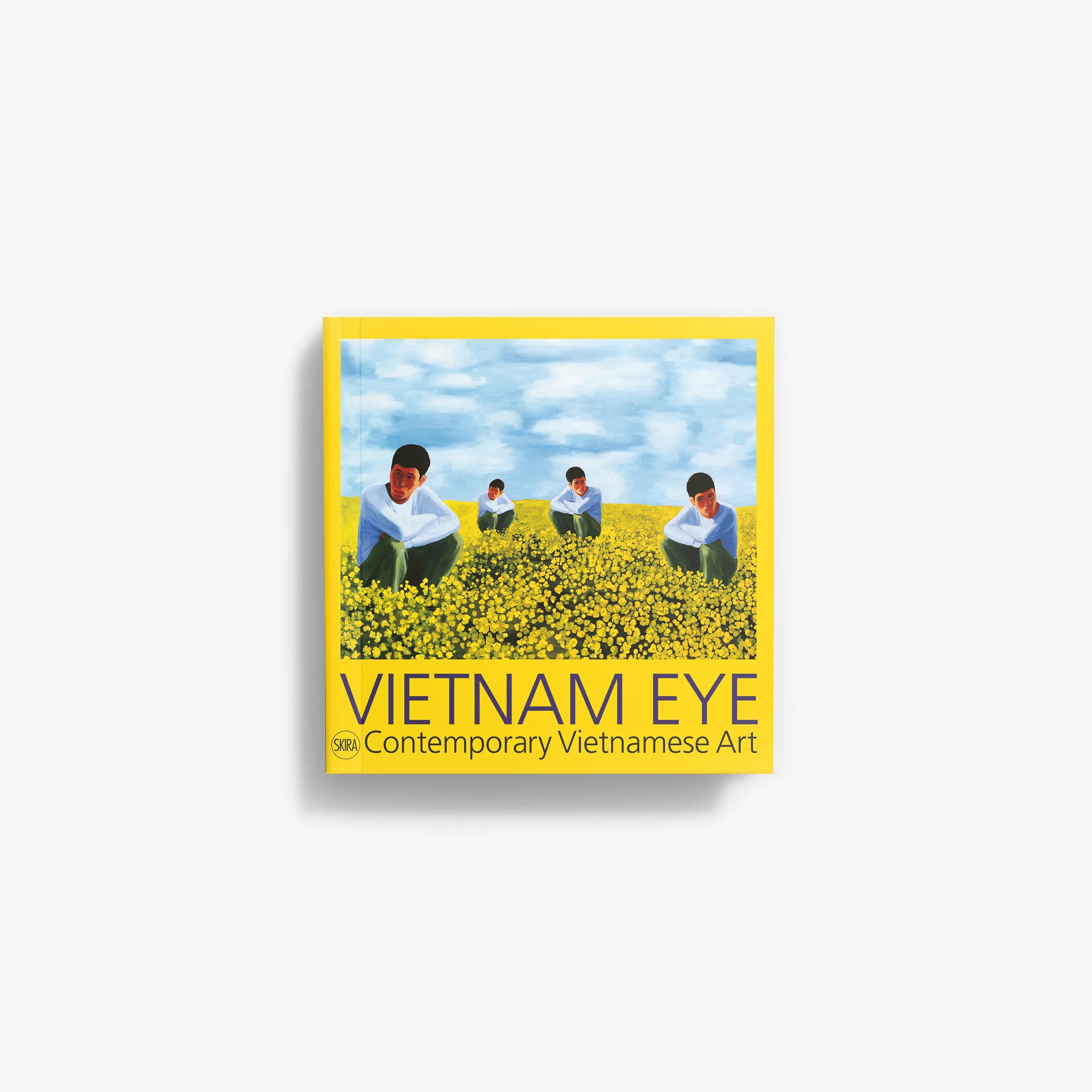 Contemporary art book cover with yellow flower field and four seated men