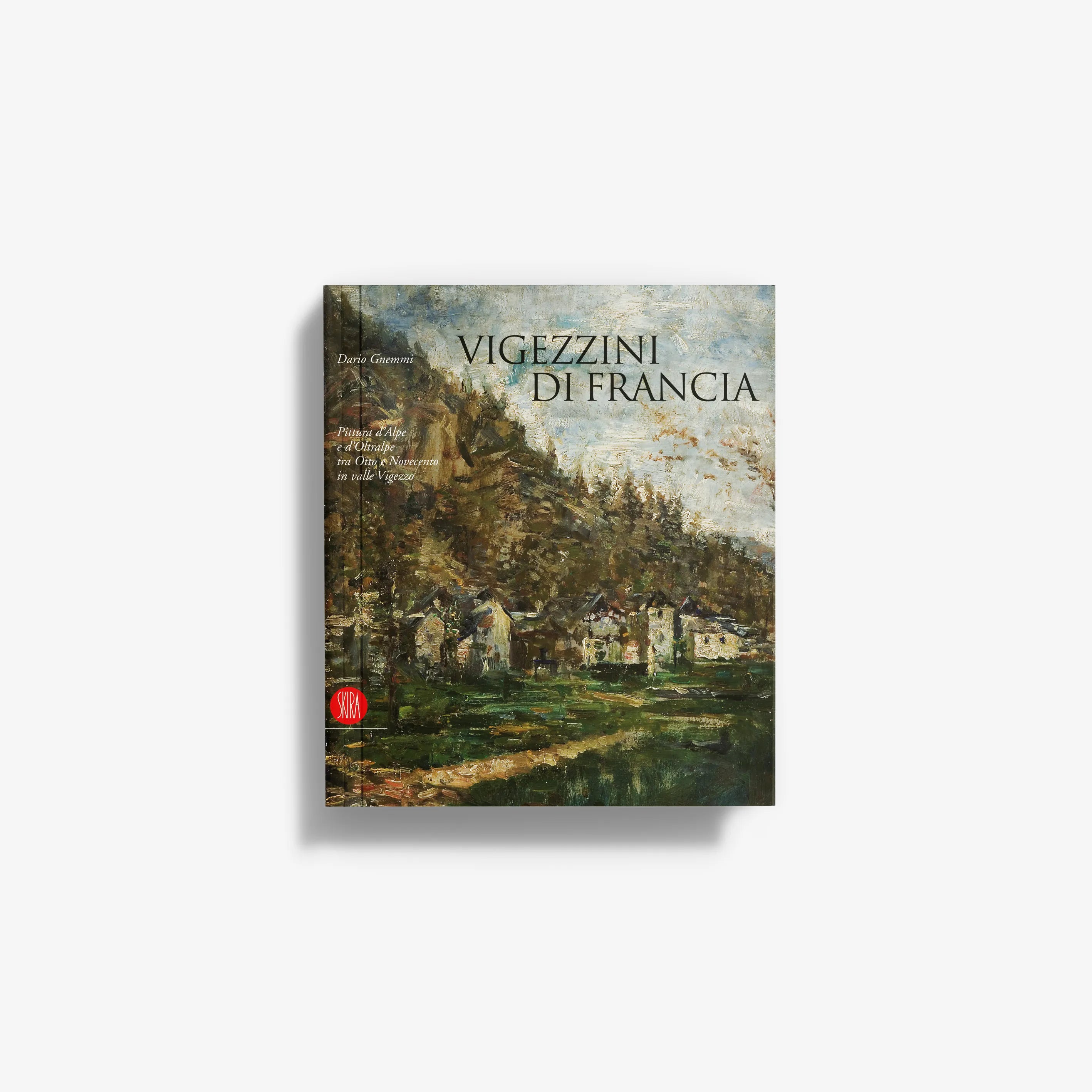 Landscape art book cover with mountains, trees, and village houses, blue sky
