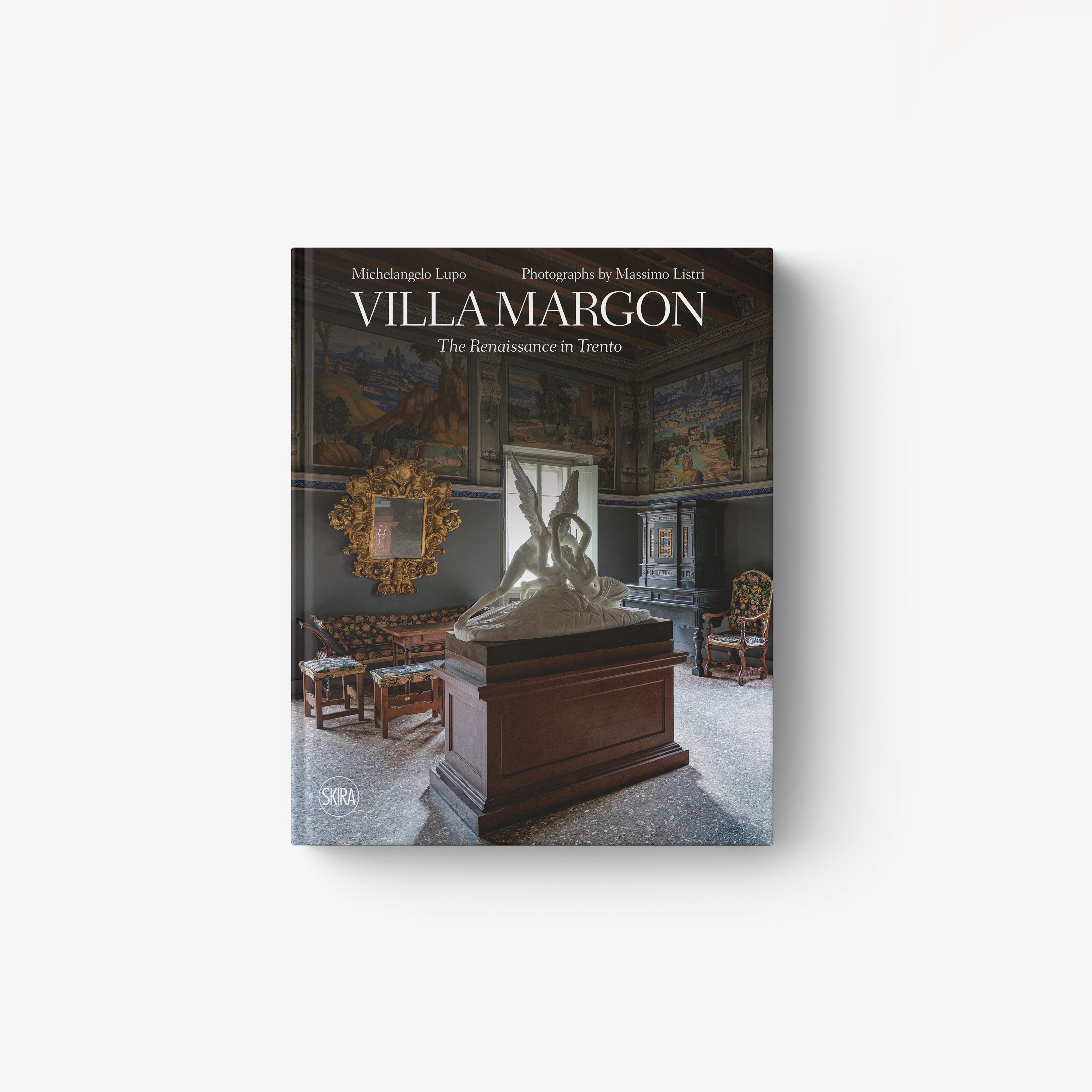 Art history book with dark cover, interior scene and marble statue illustration