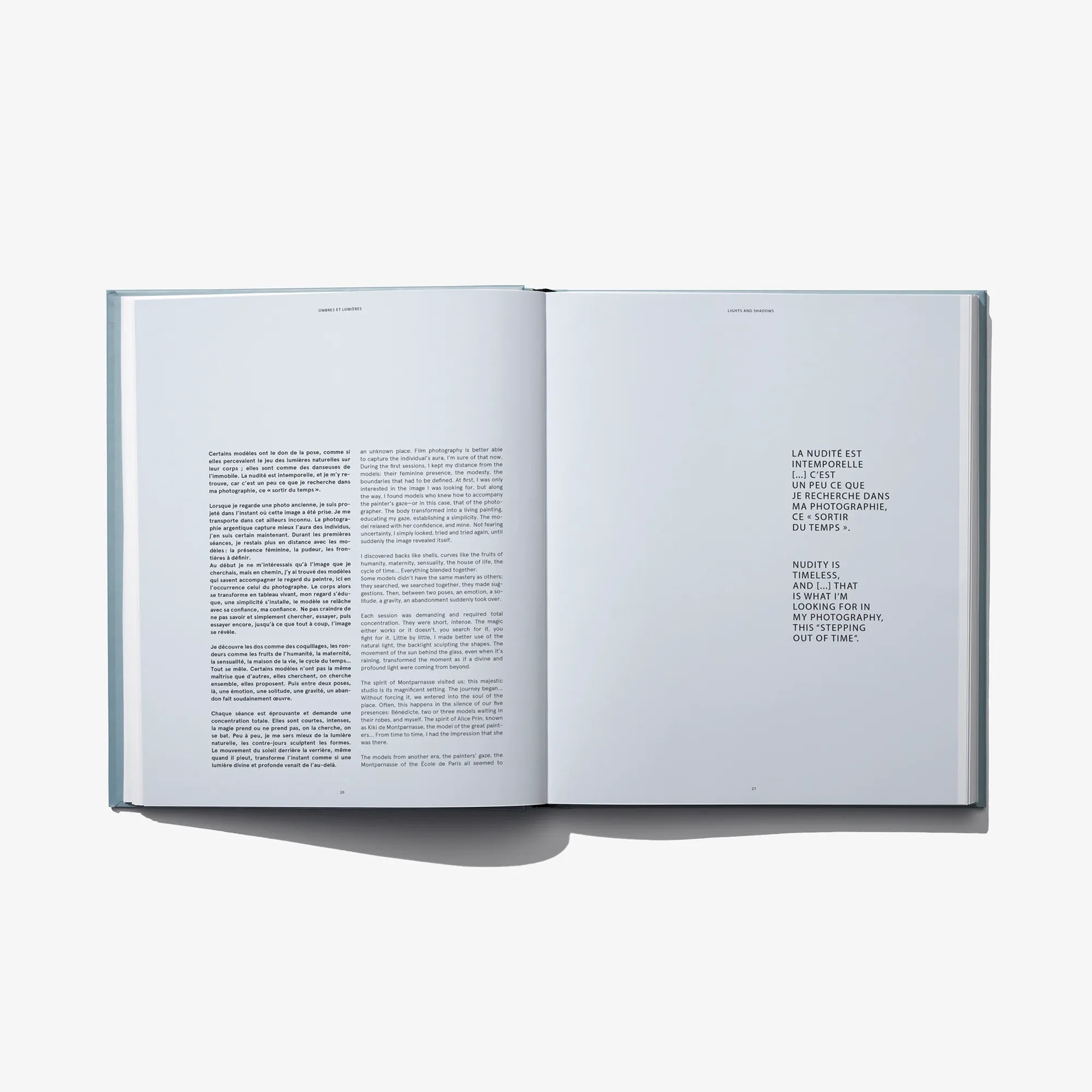 Open book spread with two-page layout and blocks of printed text