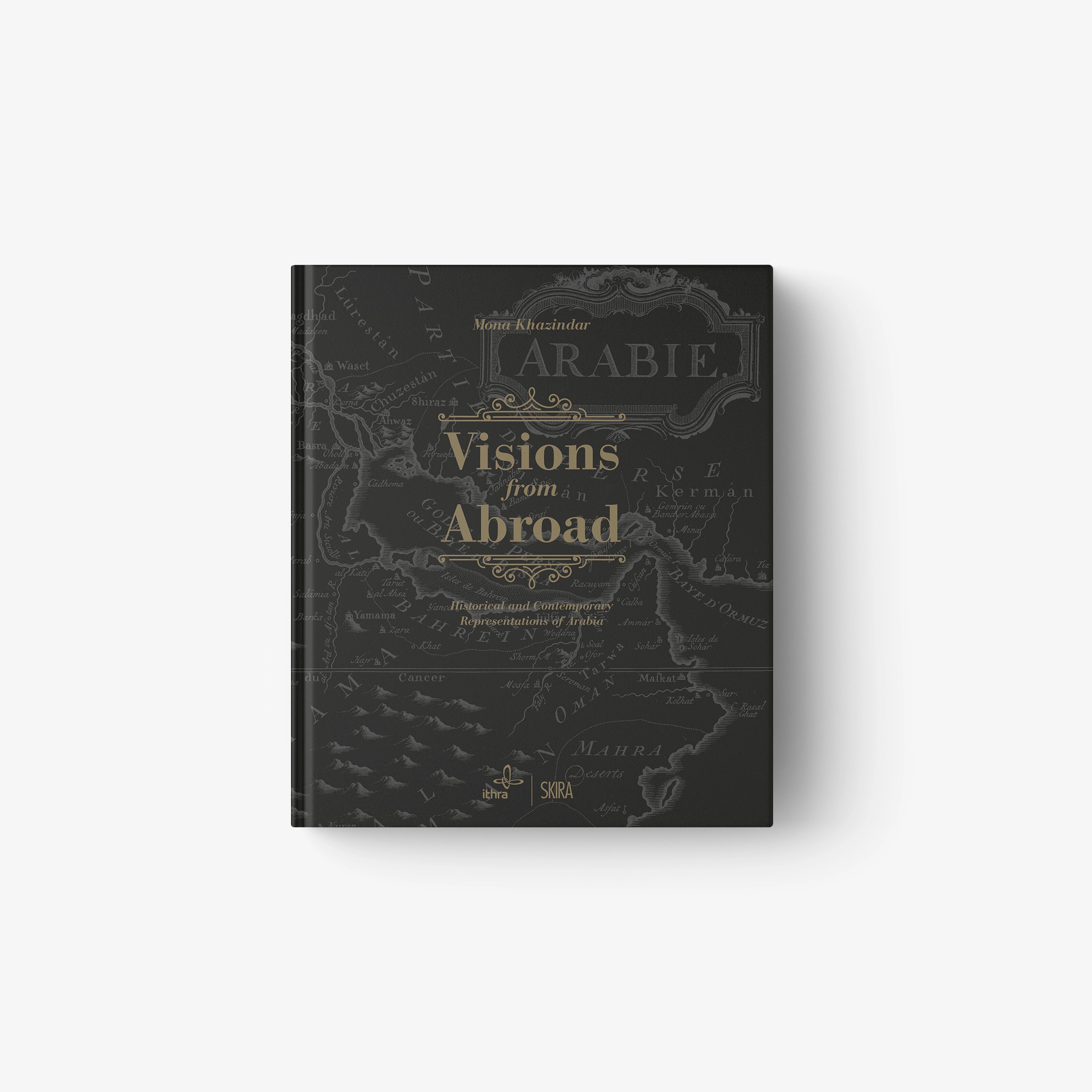 Hardcover book with black cover, gold title text, and map-style illustration