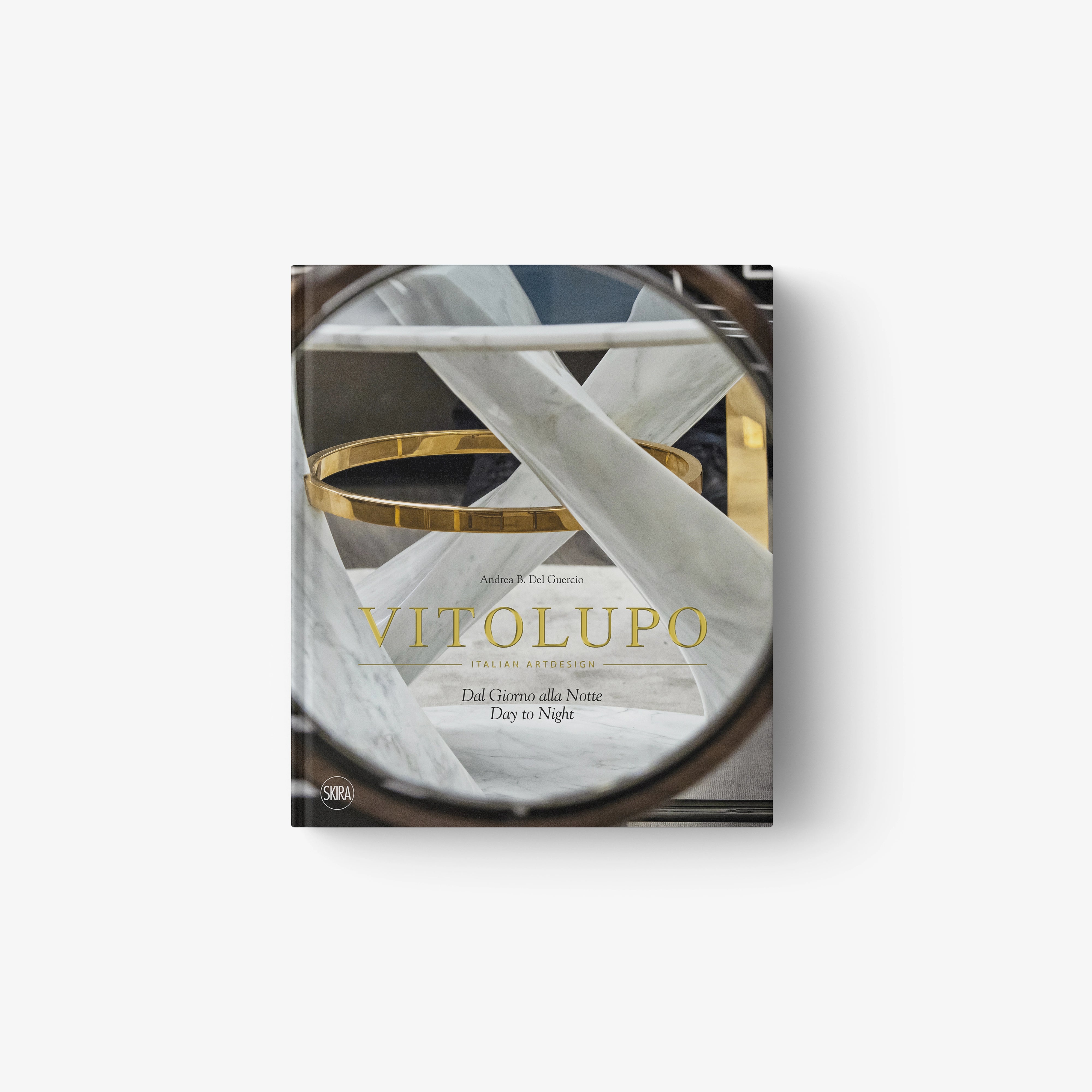 Soft gray scarf with golden and silver abstract stripes folded on a reflective surface with VITOLUPO branding.