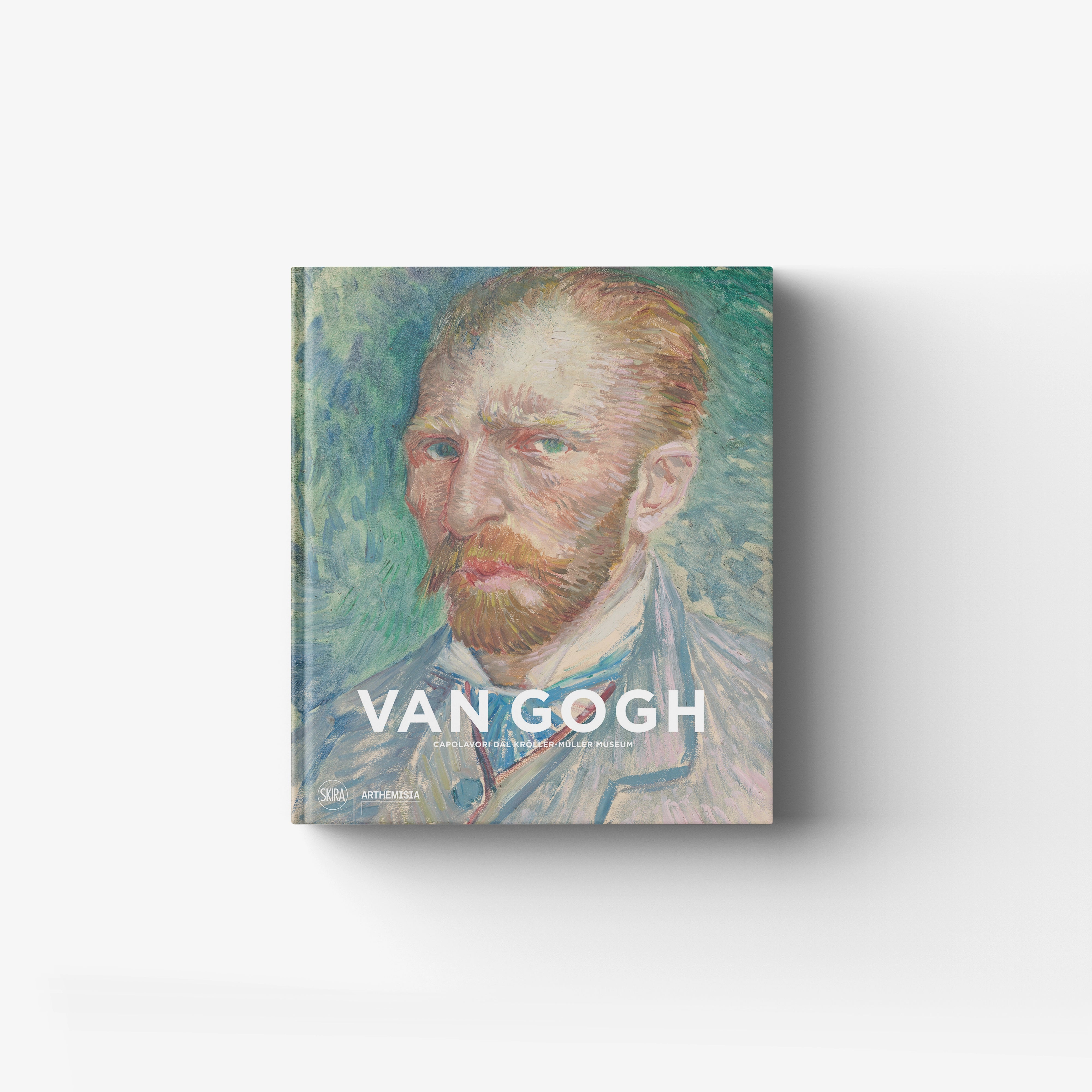 Art book Van Gogh by Skira Arte with illustrated catalog cover showing a portrait with landscapes, figures and light