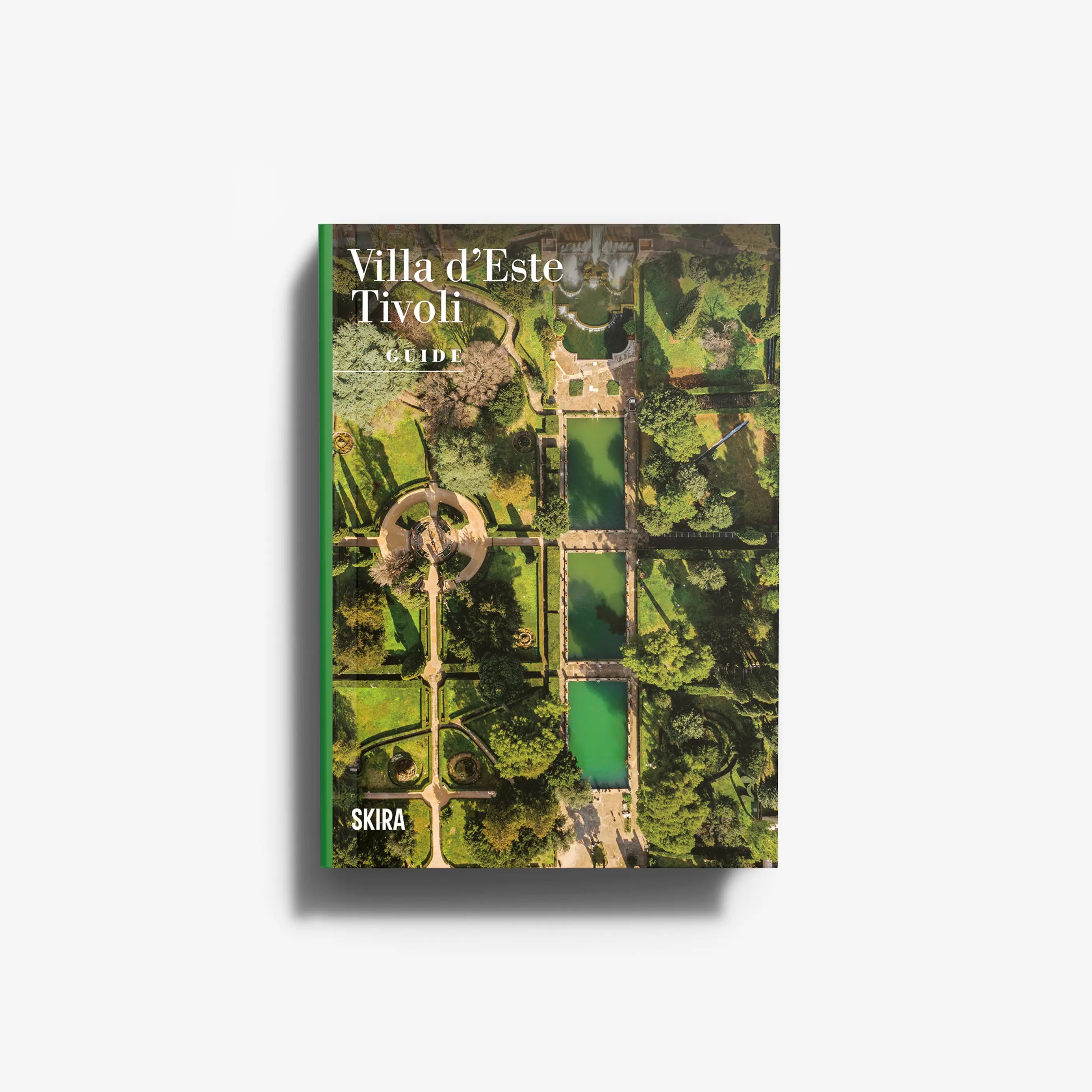Renaissance garden art book in green with cover artwork of Tivoli gardens, Skira Arte, hardcover book format